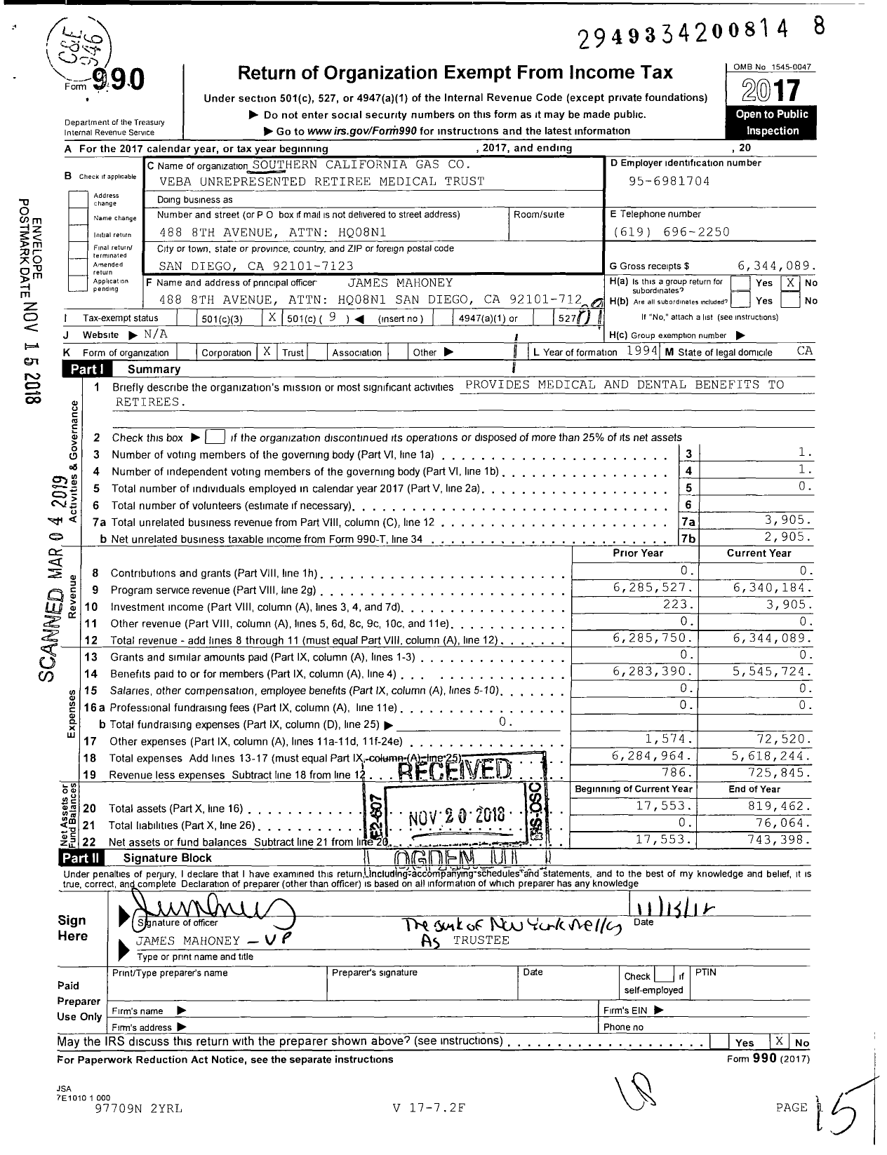 Image of first page of 2017 Form 990O for Southern California Gas Veba Unrepresented Retiree Medical Trust