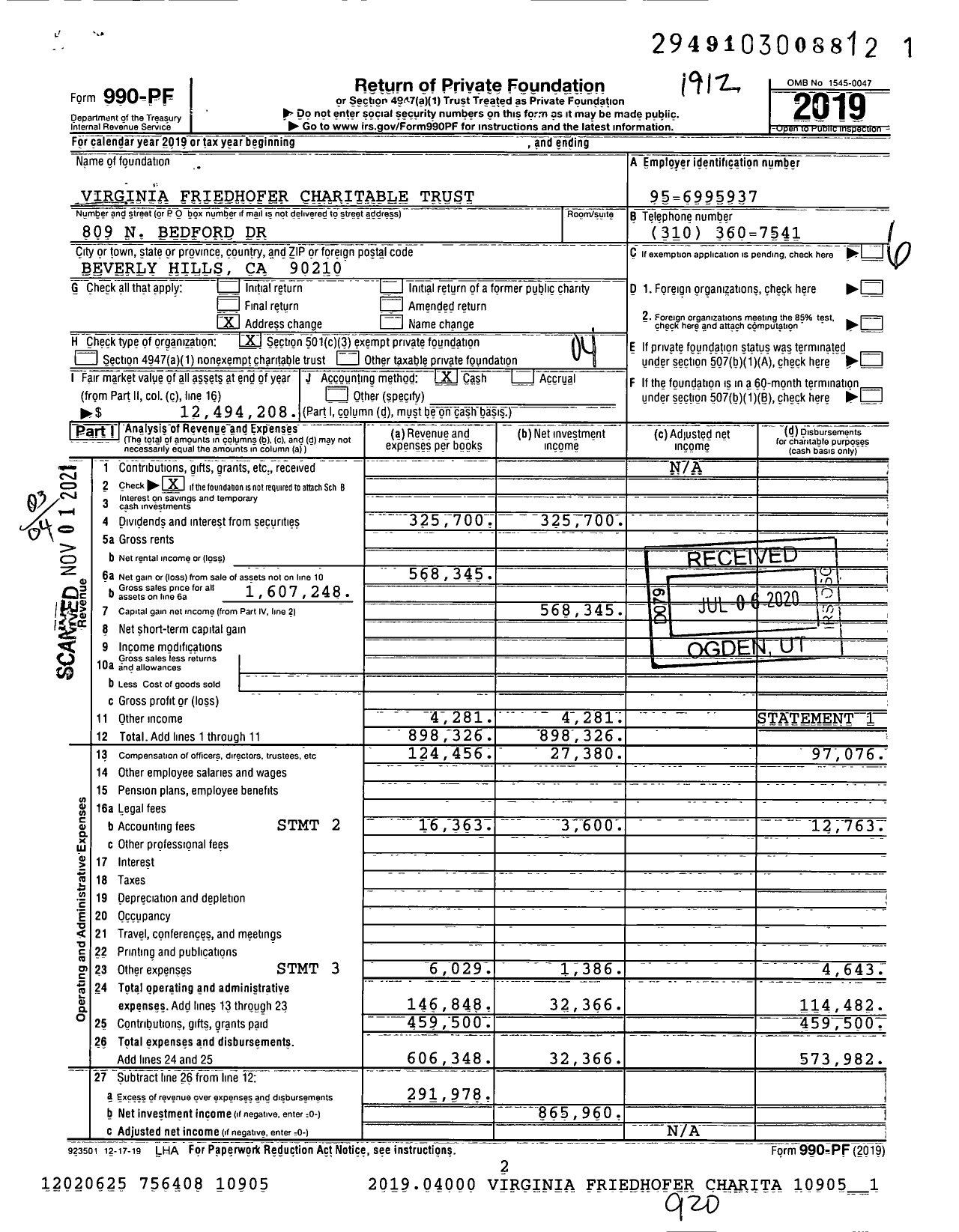 Image of first page of 2019 Form 990PF for Virginia Friedhofer Charitable Trust