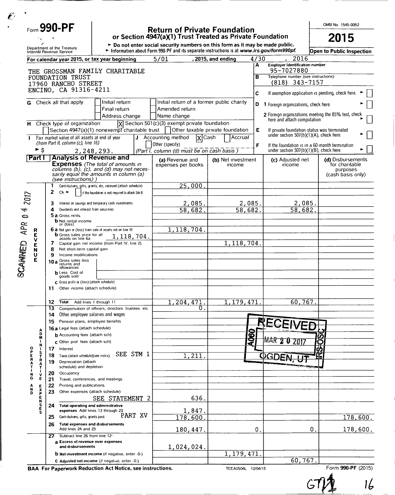 Image of first page of 2015 Form 990PF for The Grossman Family Charitable Foundation Trust