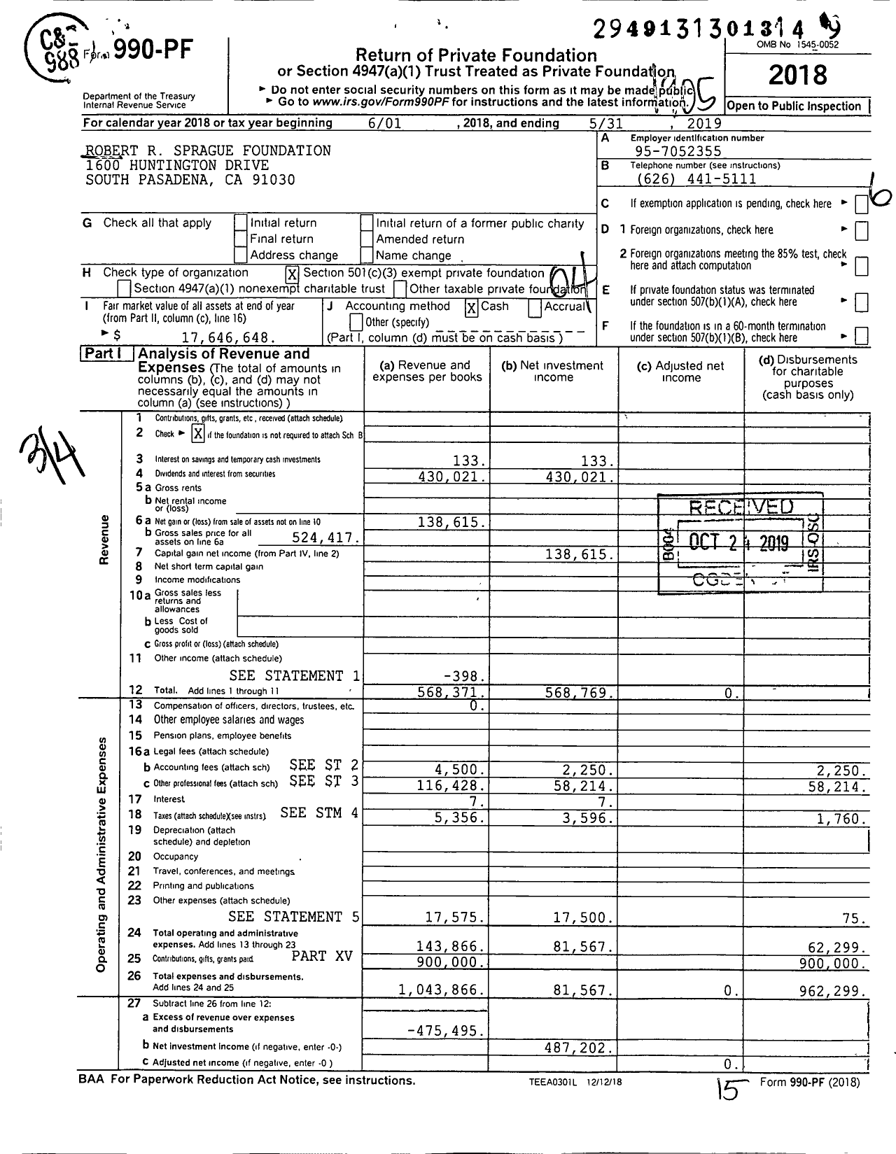 Image of first page of 2018 Form 990PF for Robert R Sprague Foundation