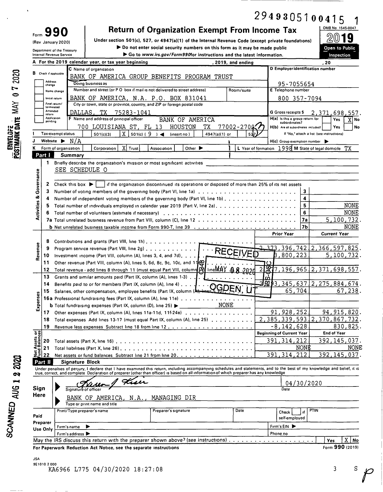 Image of first page of 2019 Form 990 for Bank of America Group Benefits Program Trust