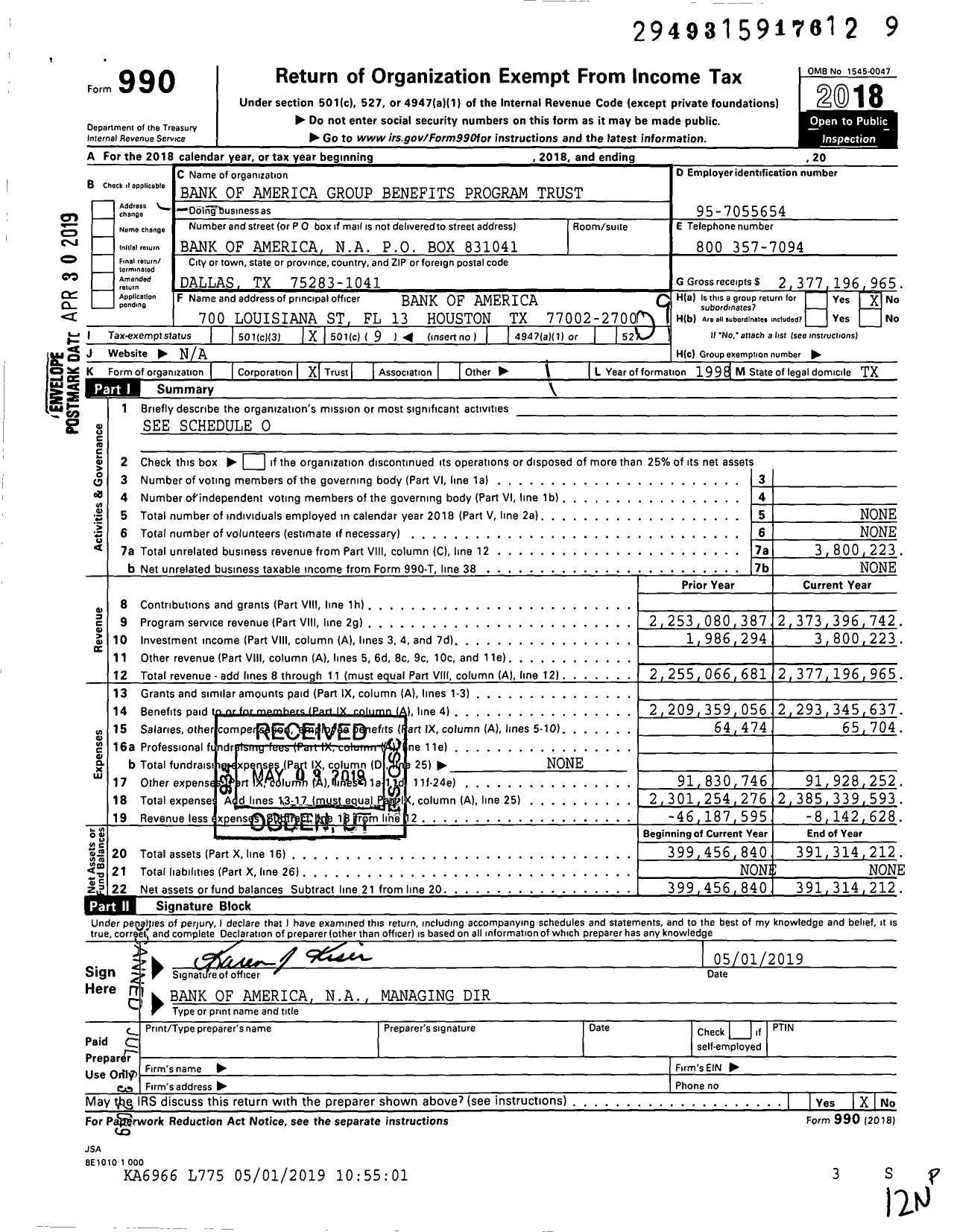 Image of first page of 2018 Form 990O for Bank of America Group Benefits Program Trust