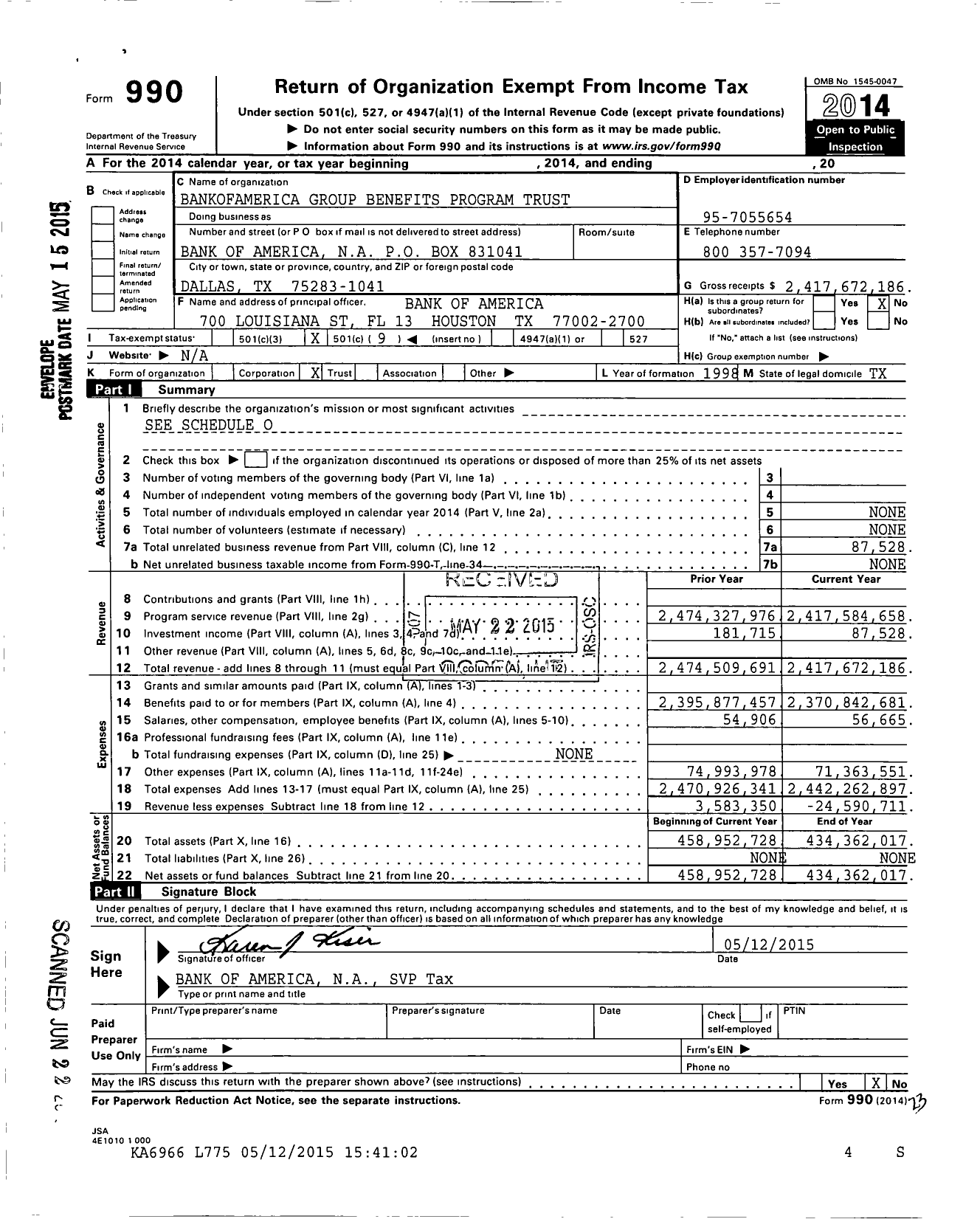 Image of first page of 2014 Form 990O for Bank of America Group Benefits Program Trust