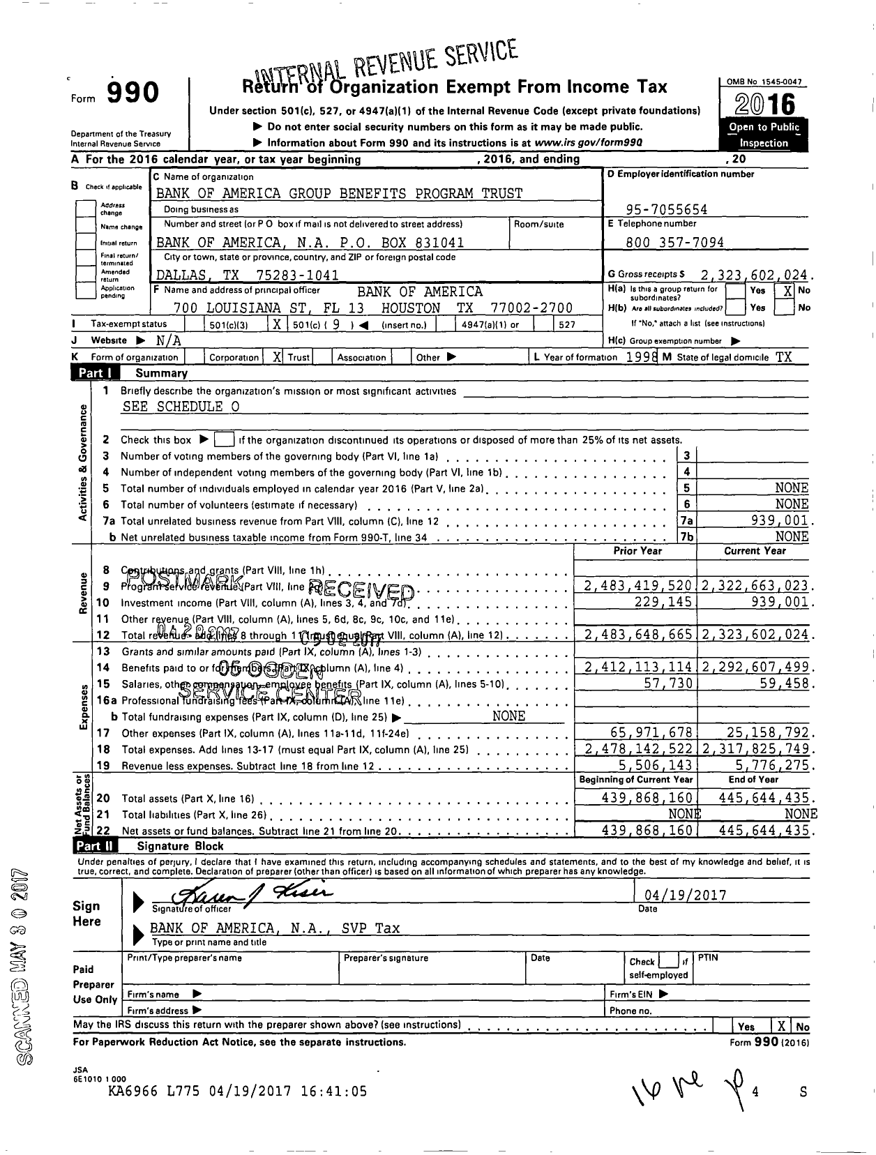 Image of first page of 2016 Form 990O for Bank of America Group Benefits Program Trust