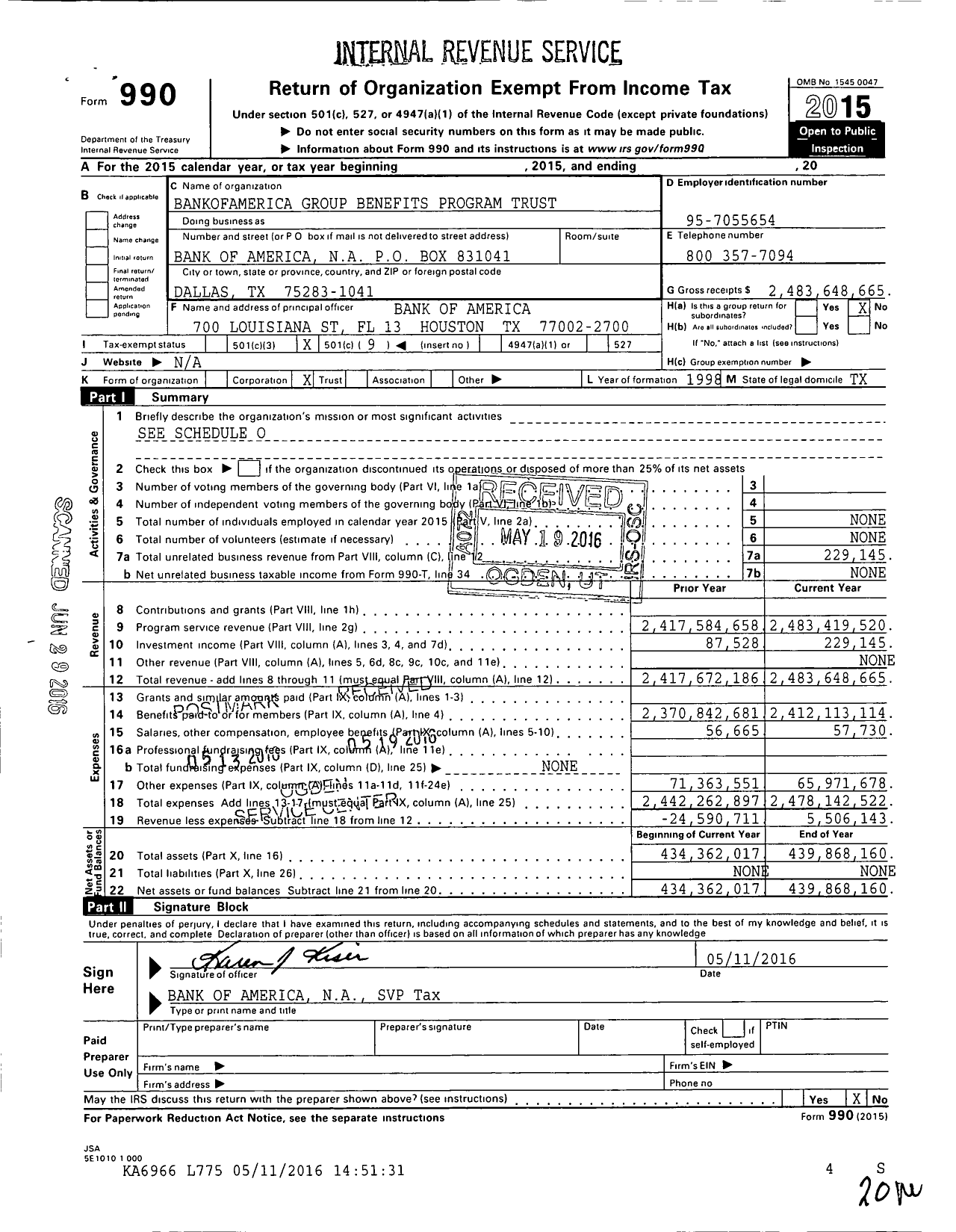 Image of first page of 2015 Form 990O for Bank of America Group Benefits Program Trust