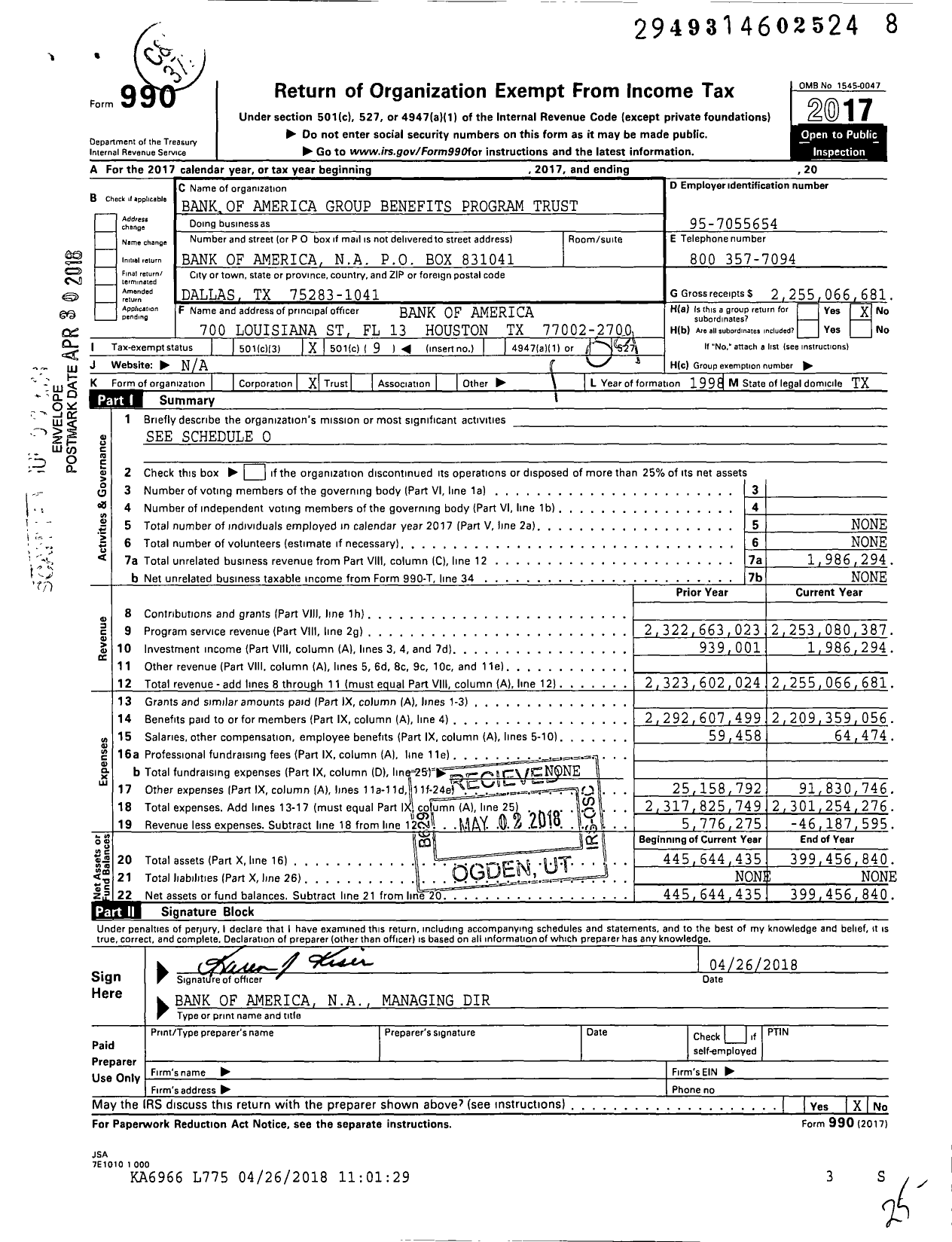 Image of first page of 2017 Form 990O for Bank of America Group Benefits Program Trust