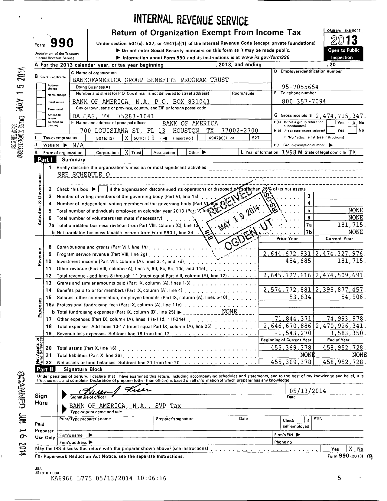Image of first page of 2013 Form 990O for Bank of America Group Benefits Program Trust