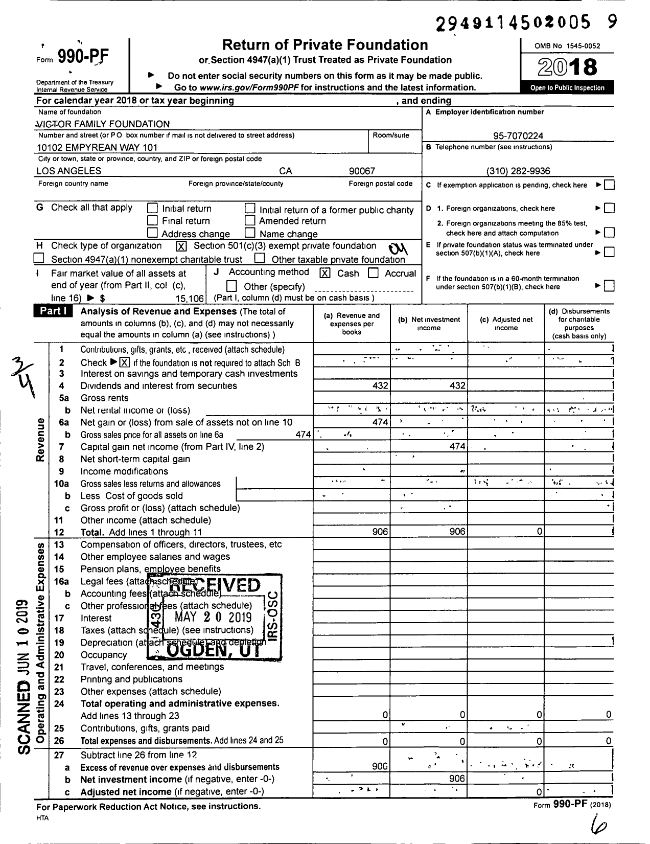 Image of first page of 2018 Form 990PF for Victor Family Foundation