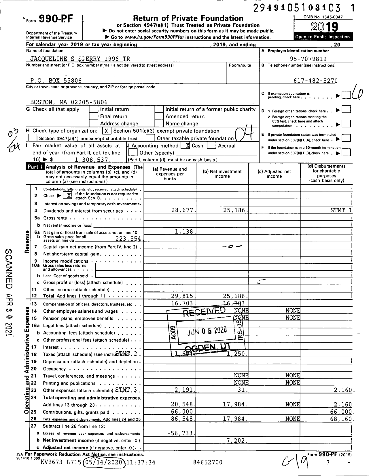 Image of first page of 2019 Form 990PF for Jacqueline S Sperry 1996 Trust