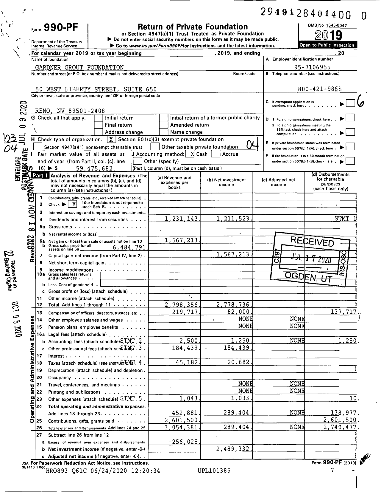 Image of first page of 2019 Form 990PF for Gardner Grout Foundation