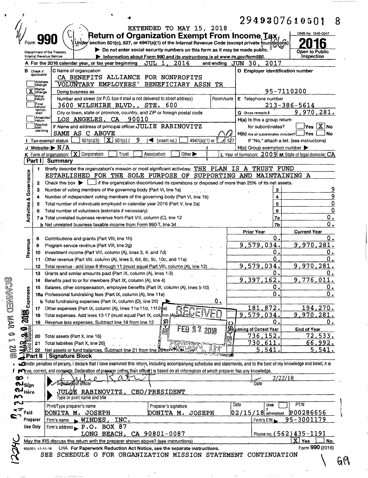 Image of first page of 2016 Form 990O for Ca Benefits Alliance for Nonprofits Voluntary Employees' Beneficiary Association Trust