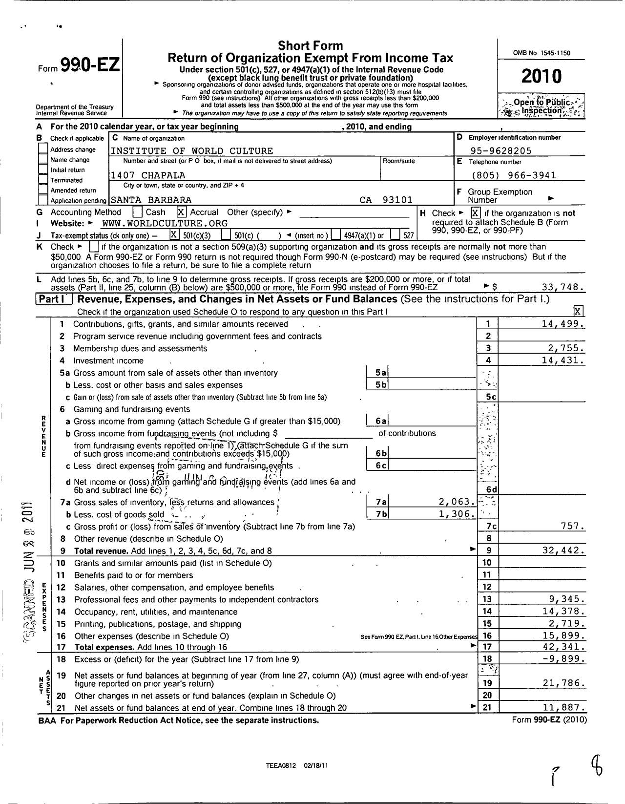 Image of first page of 2010 Form 990EZ for Institute of World Culture