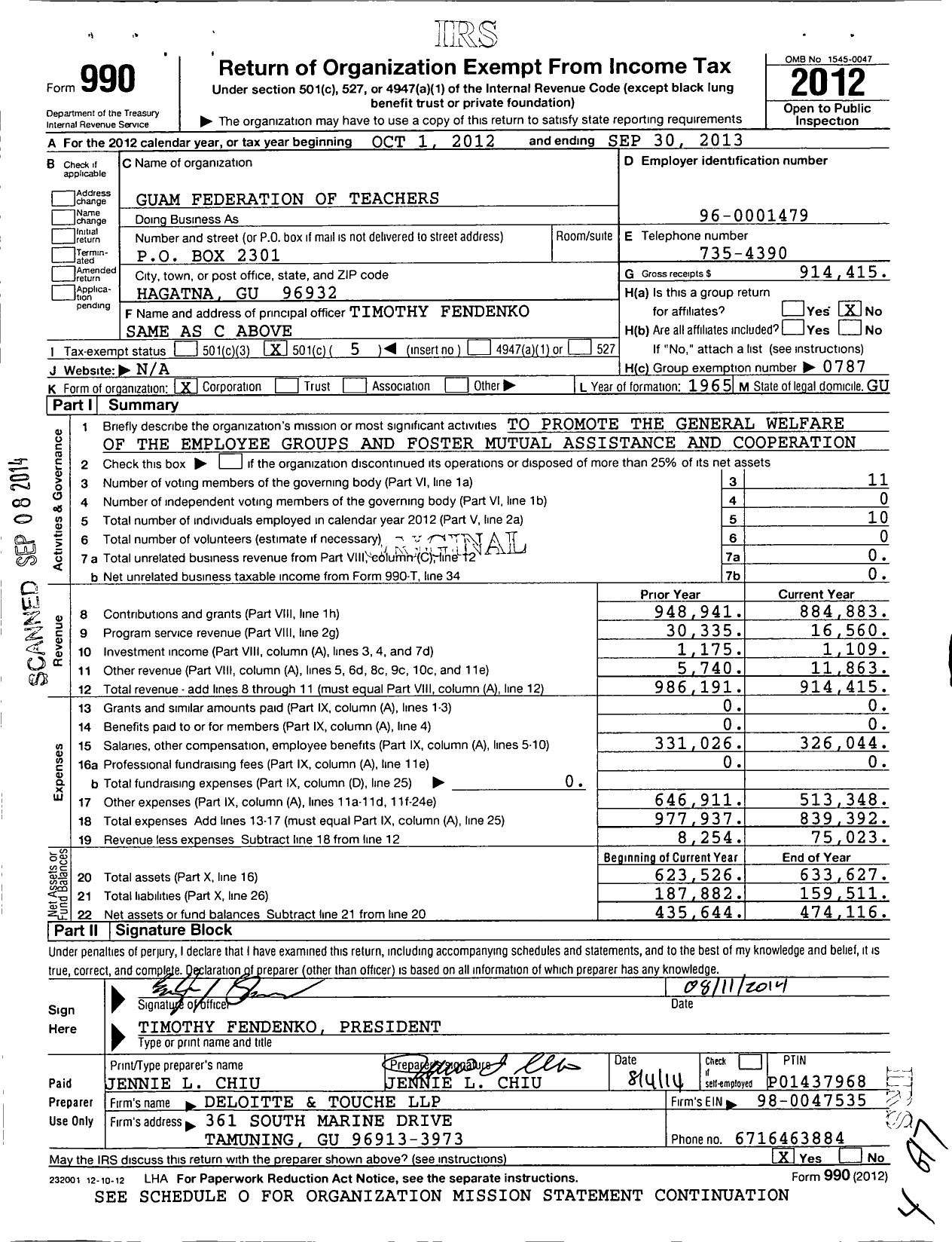 Image of first page of 2012 Form 990O for Guam Federation of Teachers
