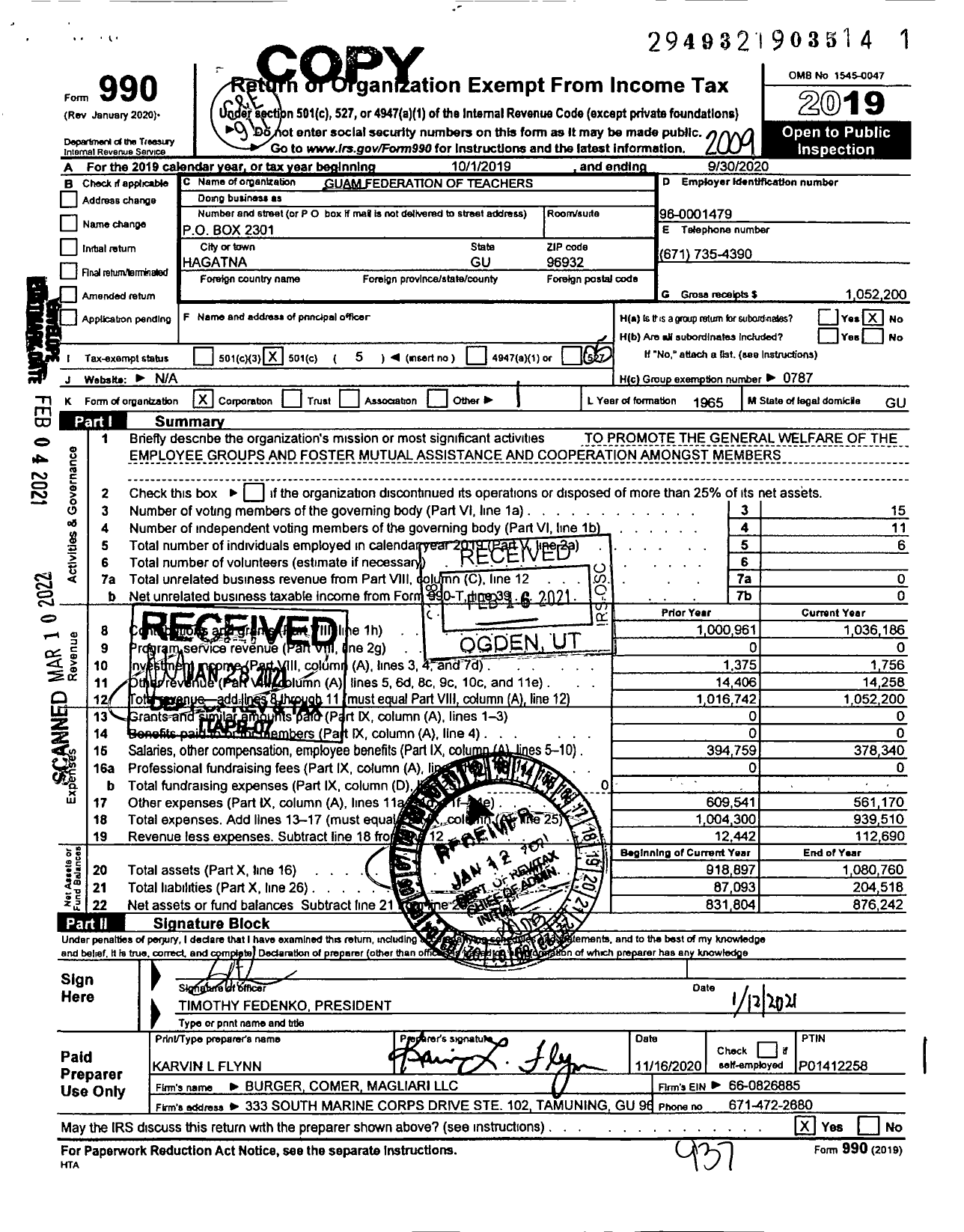 Image of first page of 2019 Form 990O for Guam Federation of Teachers