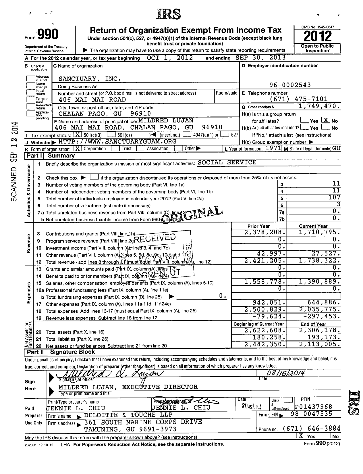 Image of first page of 2012 Form 990 for Sanctuary