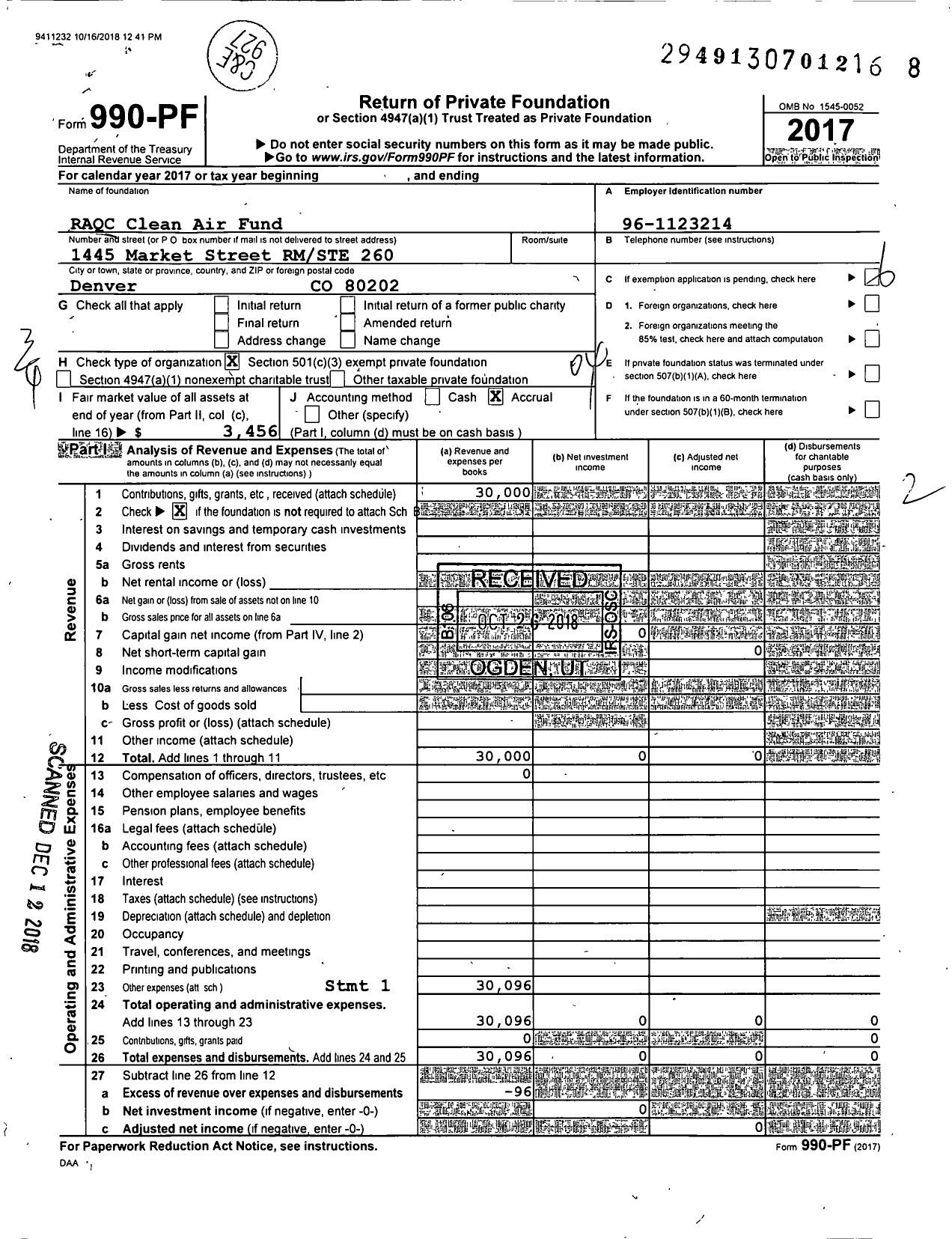 Image of first page of 2017 Form 990PF for RAQC Clean Air Fund