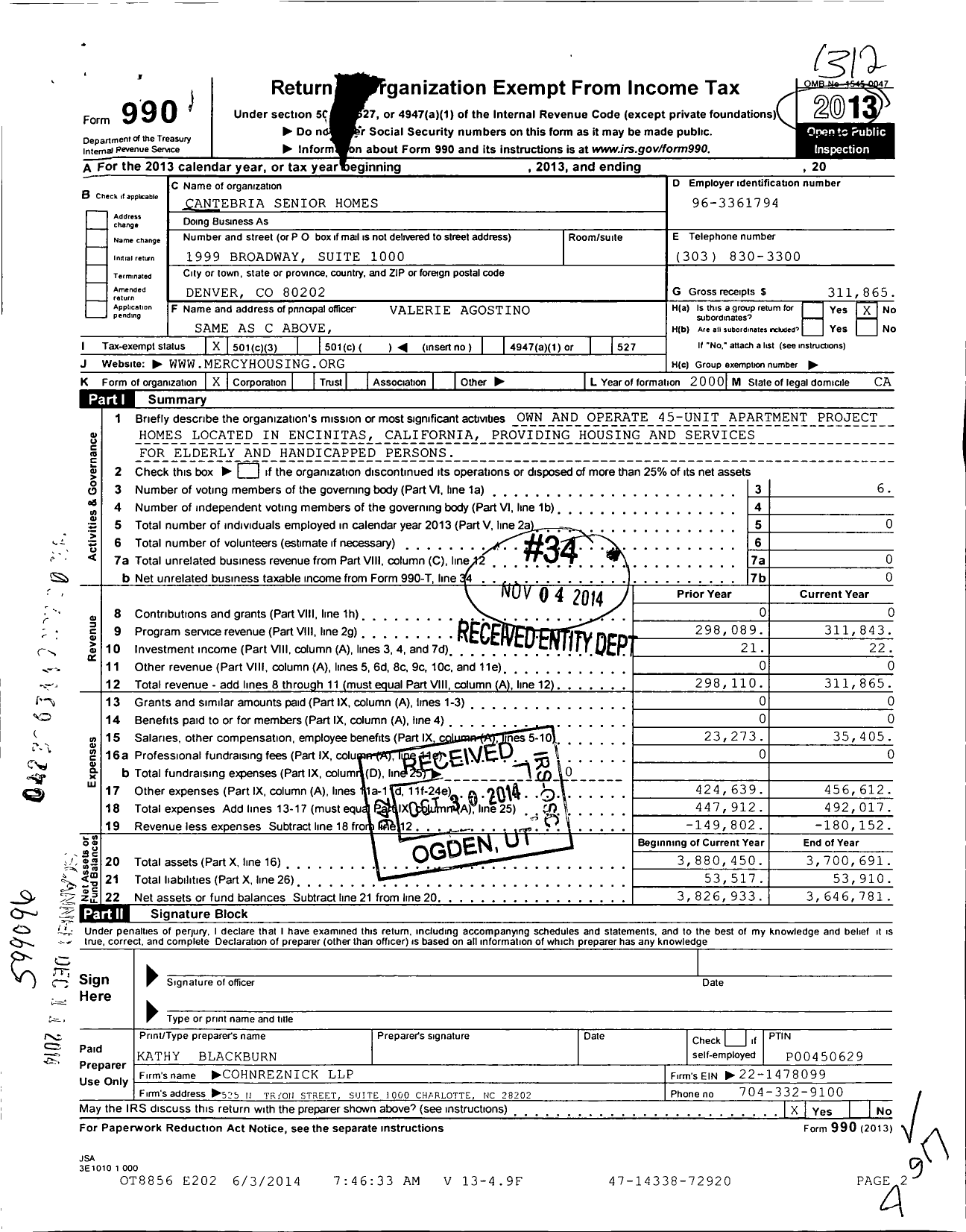 Image of first page of 2013 Form 990 for Cantebria Senior Homes