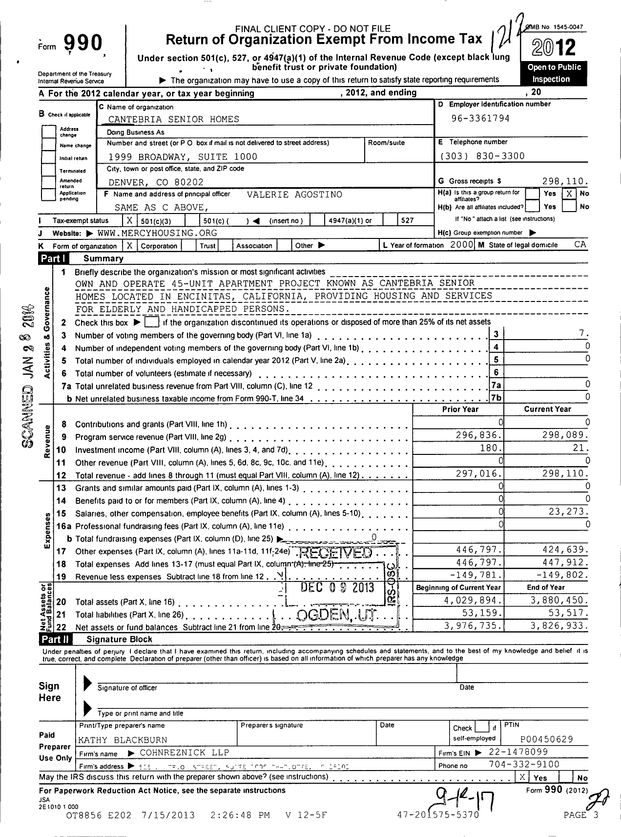 Image of first page of 2012 Form 990 for Cantebria Senior Homes