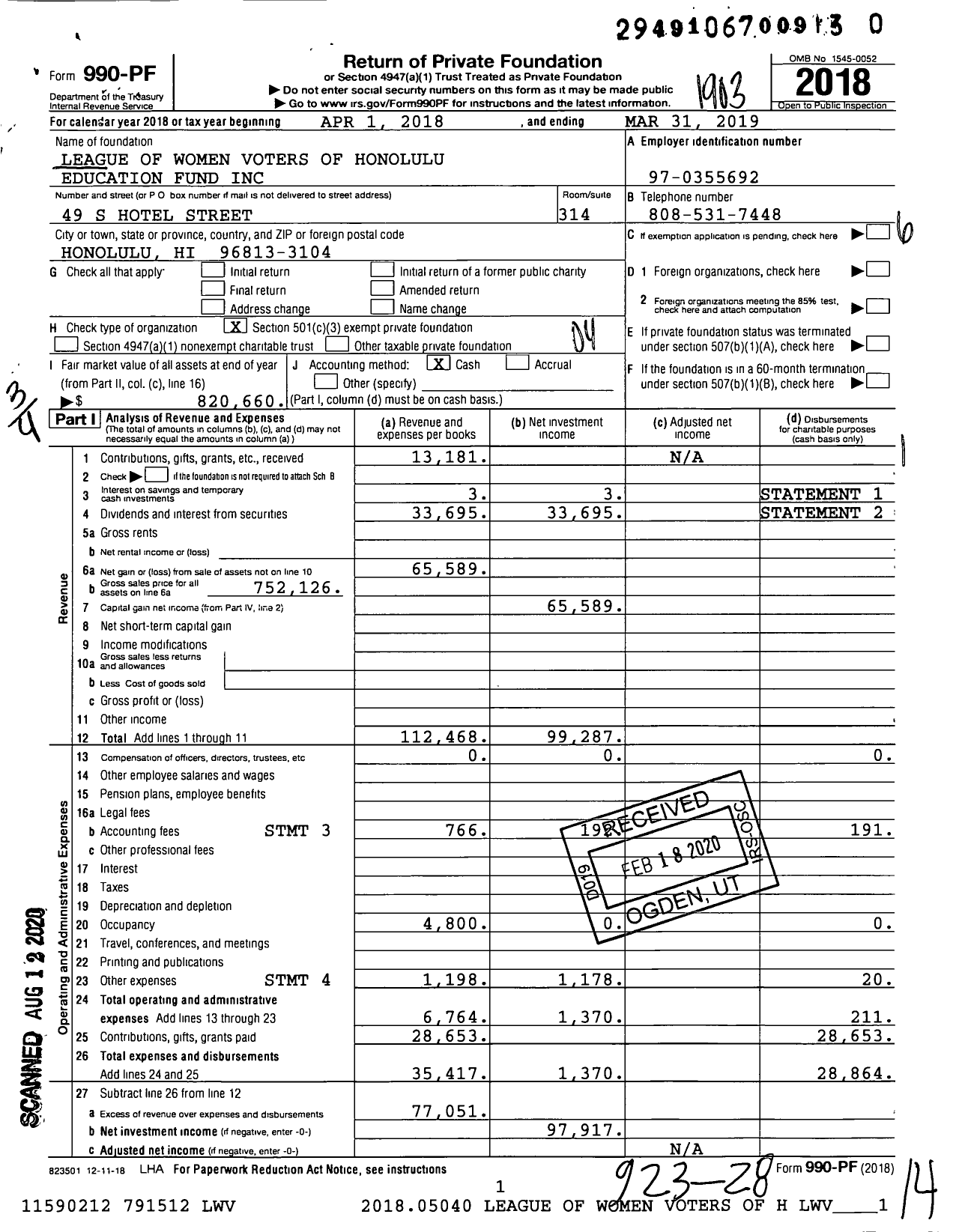 Image of first page of 2018 Form 990PR for League of Women Voters of Honolulu Education Fund