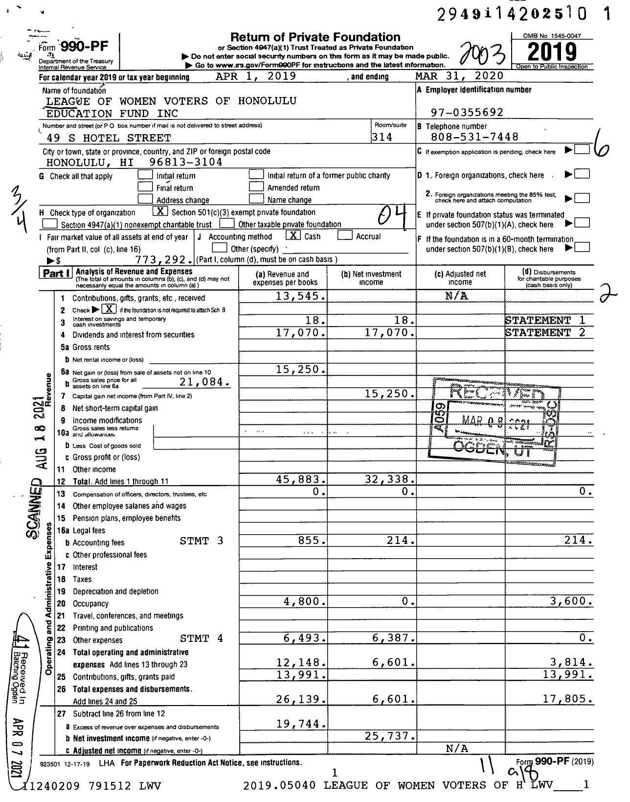 Image of first page of 2019 Form 990PF for League of Women Voters of Honolulu Education Fund