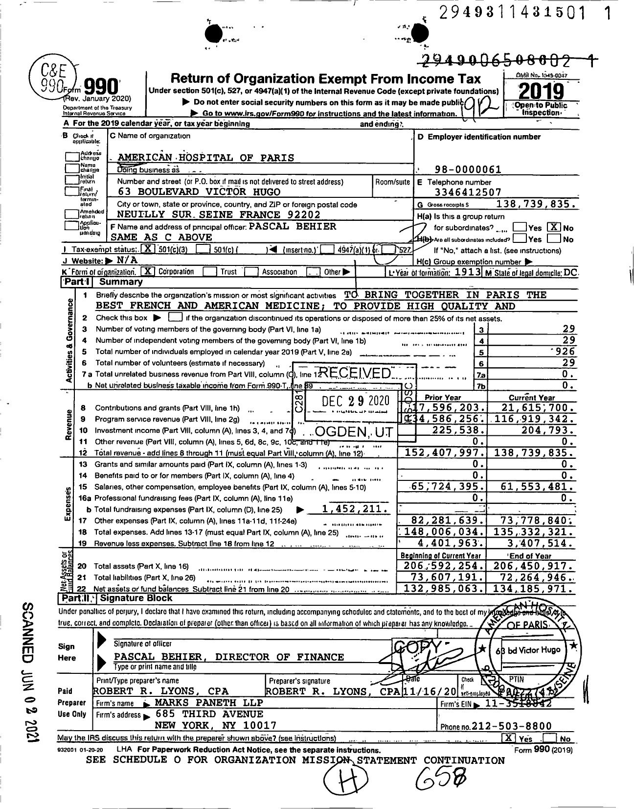 Image of first page of 2019 Form 990 for American Hospital of Paris