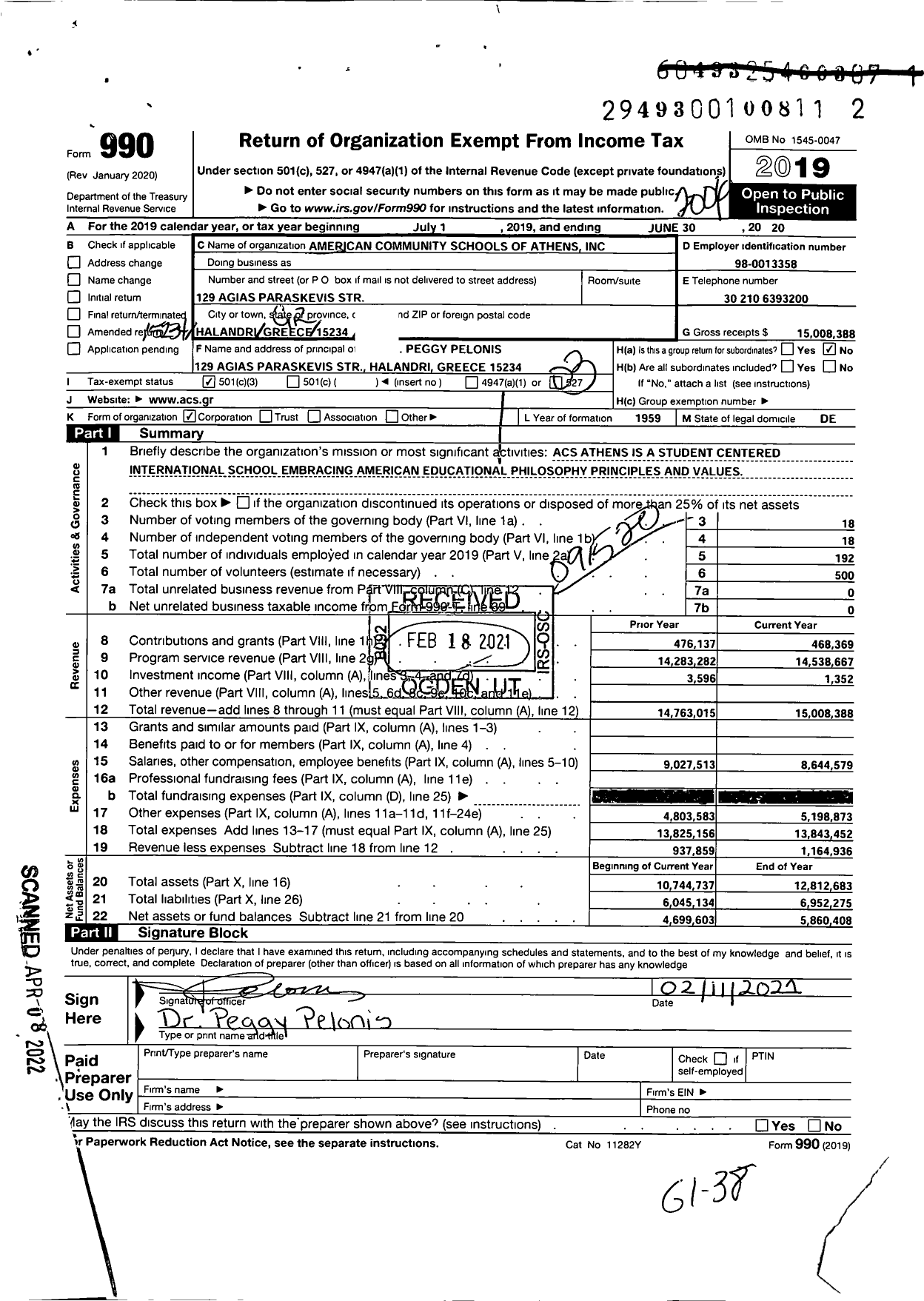 Image of first page of 2019 Form 990 for American Community School of Athens (ACS)