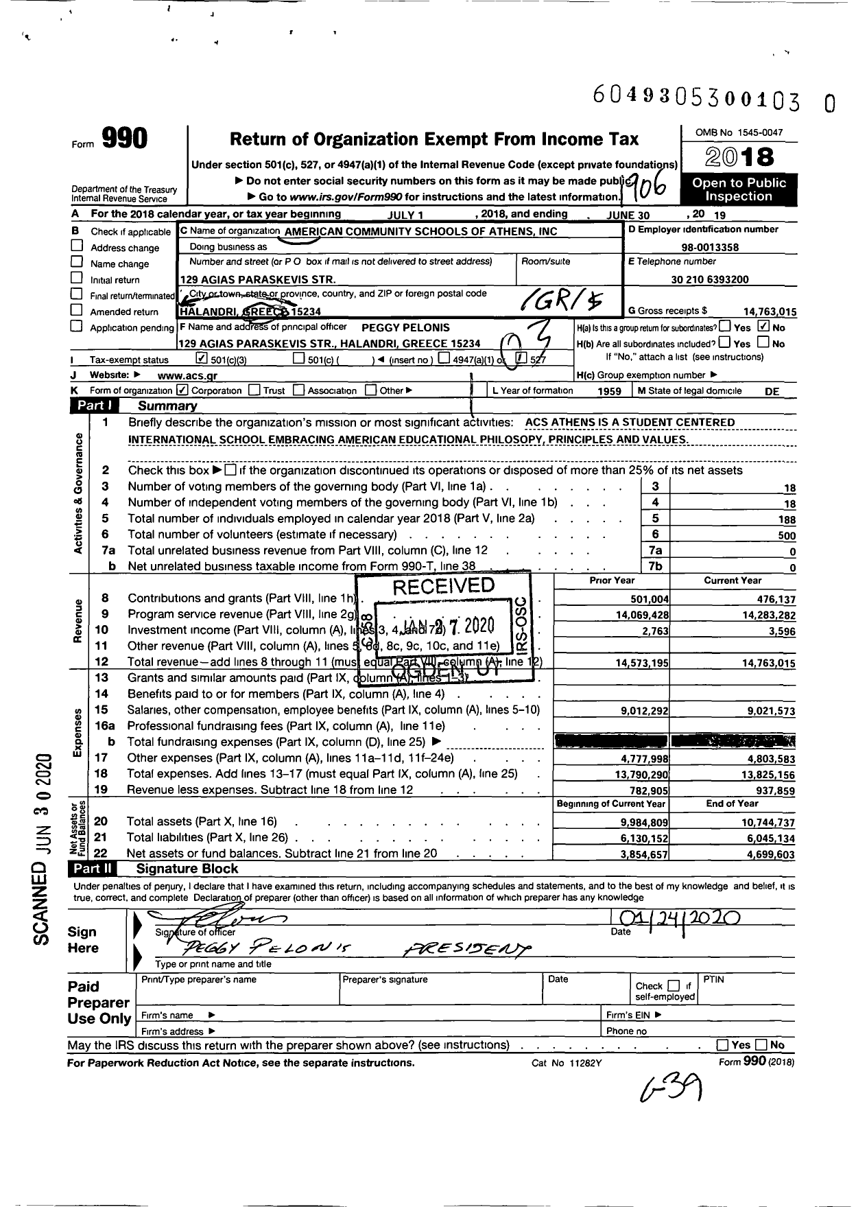 Image of first page of 2018 Form 990 for American Community School of Athens (ACS)