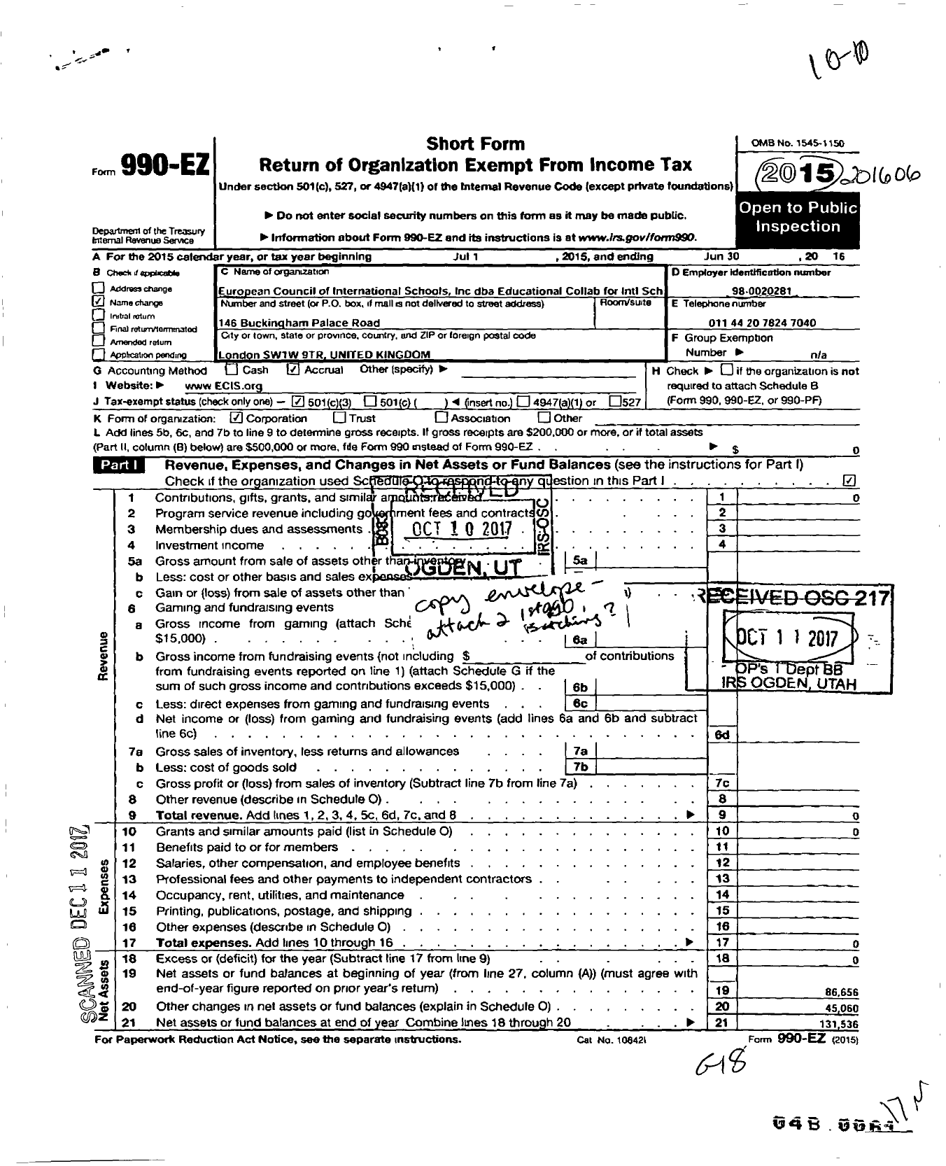 Image of first page of 2015 Form 990EZ for European Council of International Schools (ECIS)