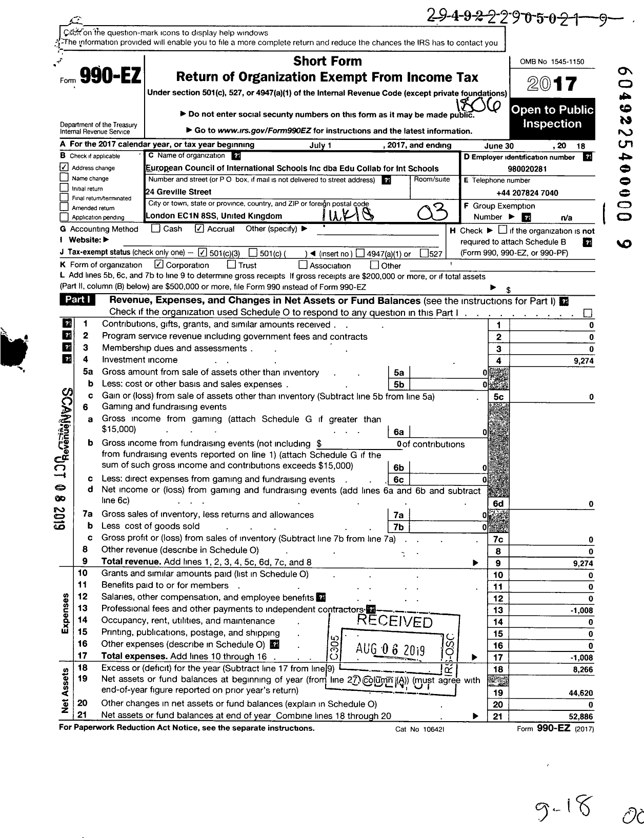 Image of first page of 2017 Form 990EZ for European Council of International Schools (ECIS)