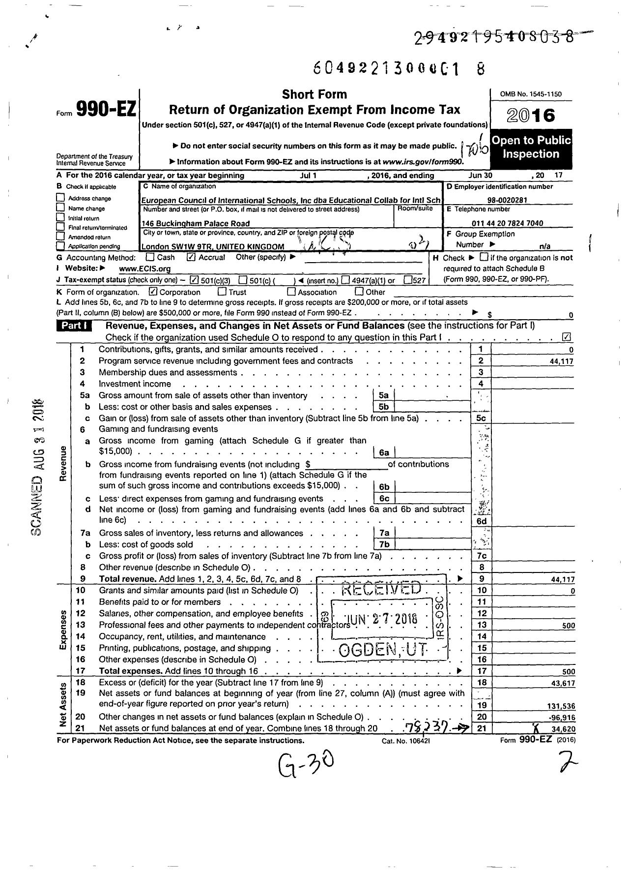 Image of first page of 2016 Form 990EZ for European Council of International Schools (ECIS)