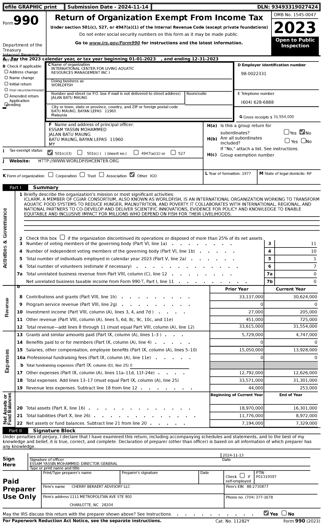 Image of first page of 2023 Form 990 for Worldfish