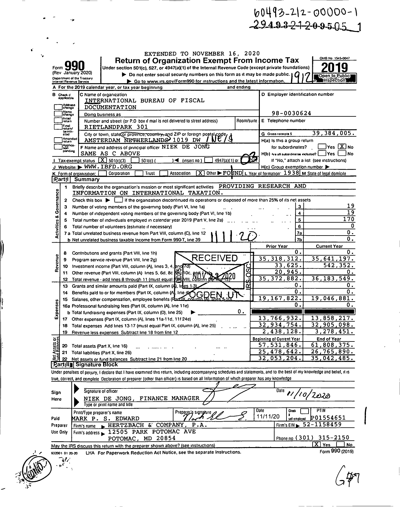 Image of first page of 2019 Form 990 for International Bureau of Fiscal Documentation