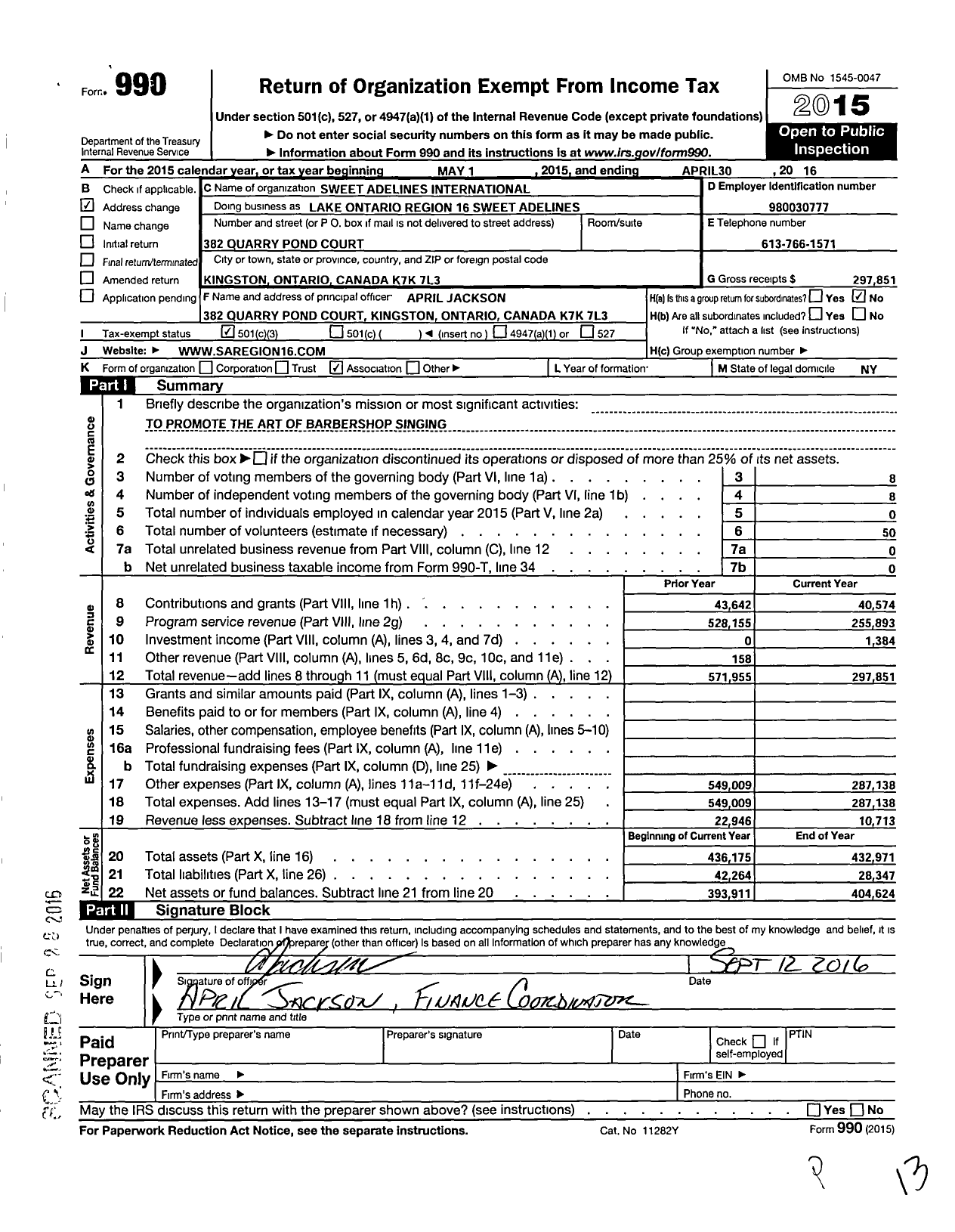 Image of first page of 2015 Form 990 for Sweet Adelines International - Lake Ontario Region 16 Sweet Adelines