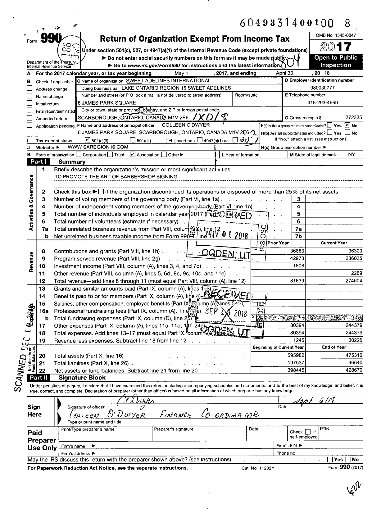 Image of first page of 2017 Form 990 for Sweet Adelines International - Lake Ontario Region 16 Sweet Adelines