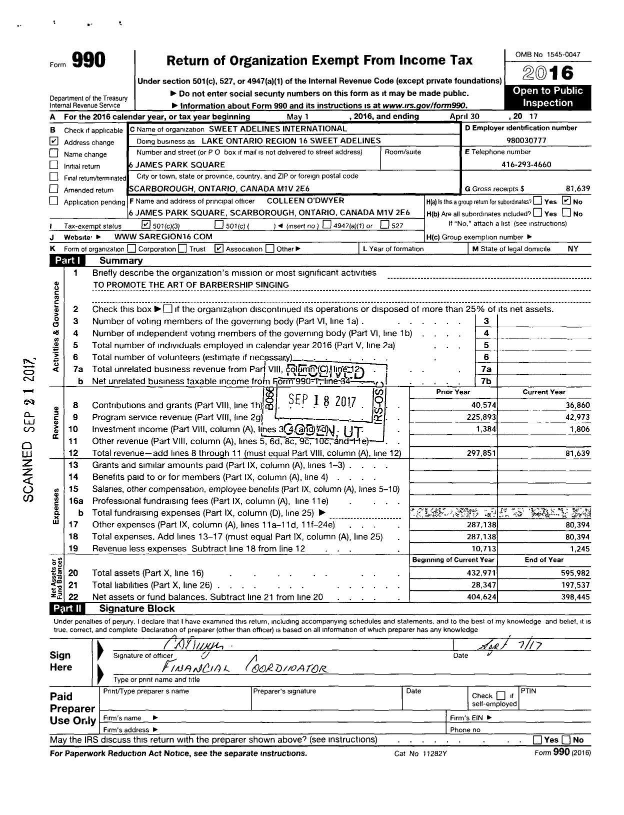 Image of first page of 2016 Form 990 for Sweet Adelines International - Lake Ontario Region 16 Sweet Adelines