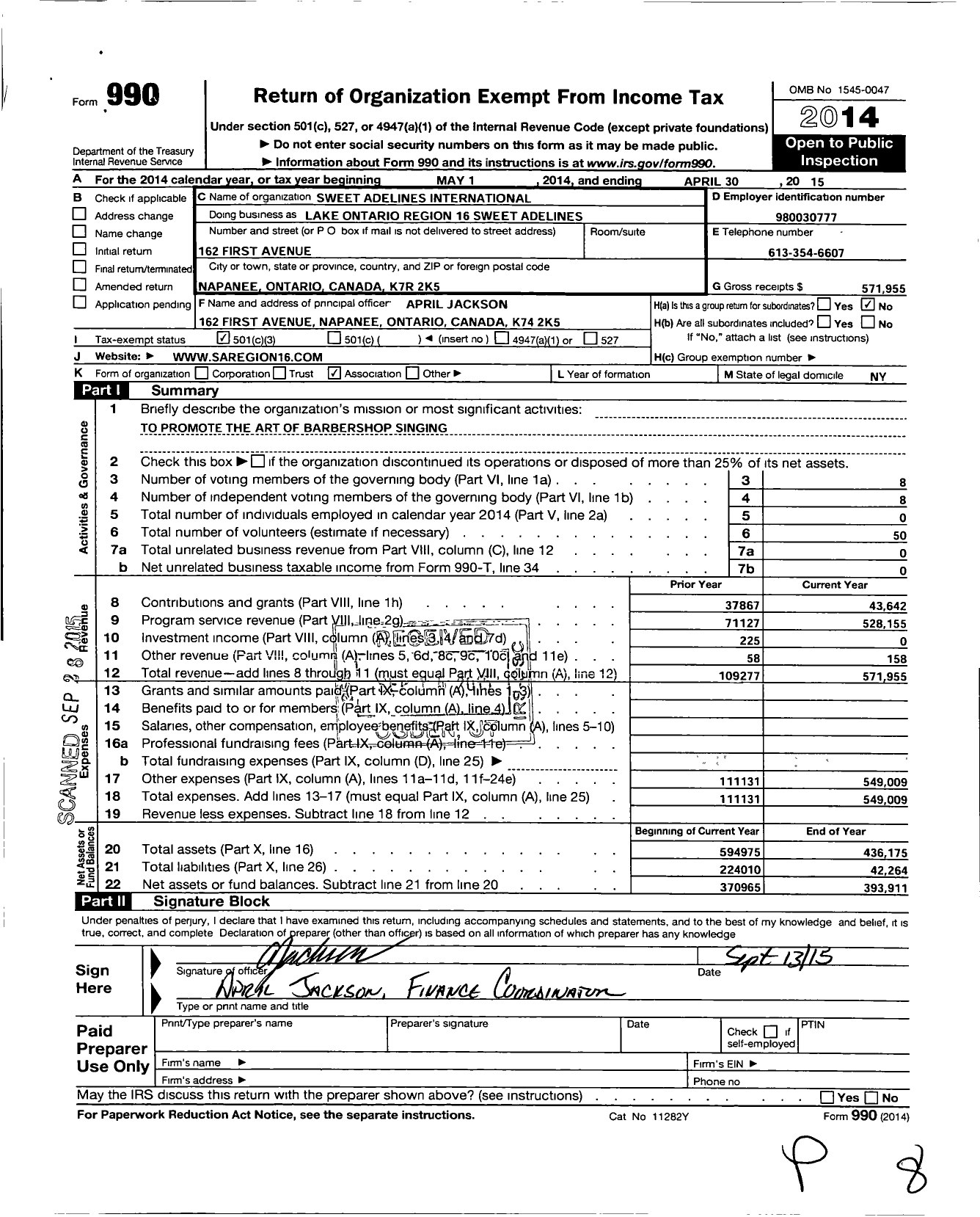 Image of first page of 2014 Form 990 for Sweet Adelines International - Lake Ontario Region 16 Sweet Adelines