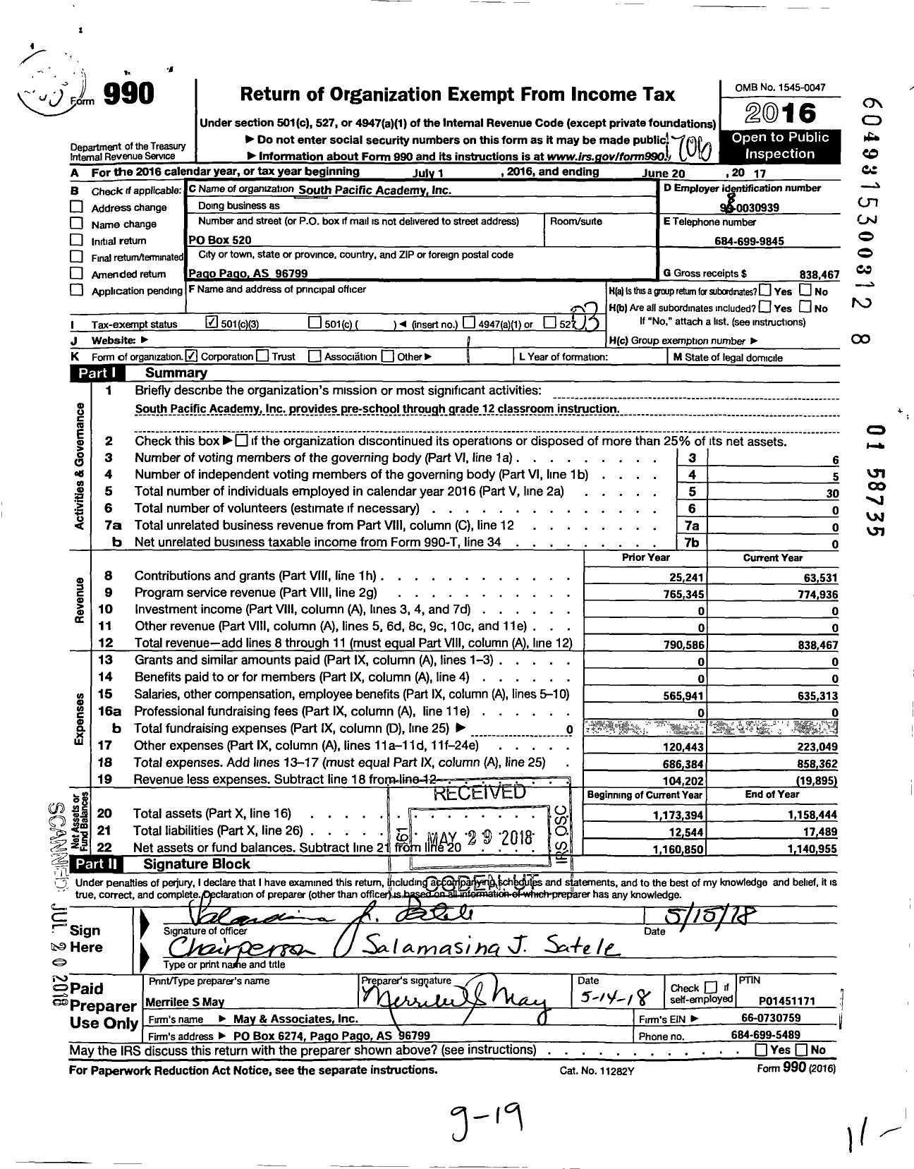 Image of first page of 2016 Form 990 for South Pacific Academy