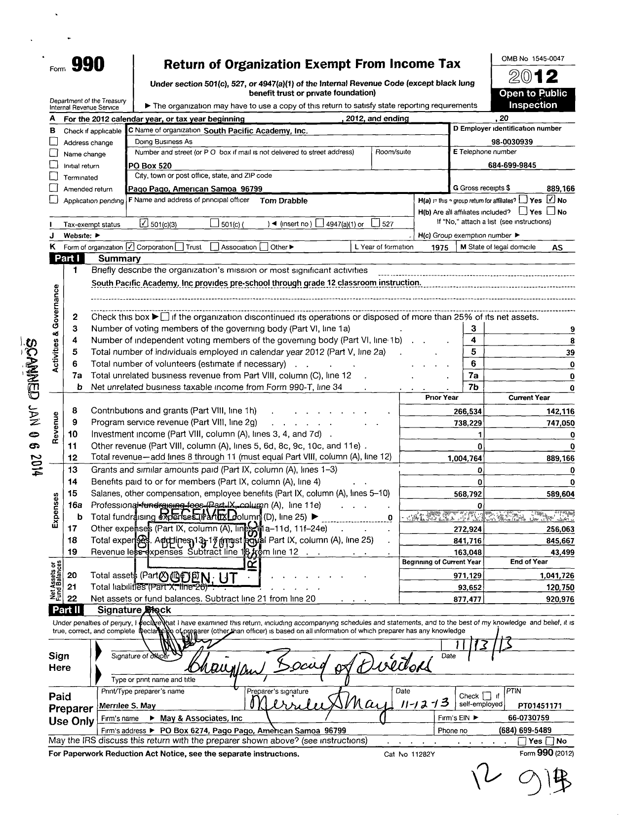 Image of first page of 2012 Form 990 for South Pacific Academy