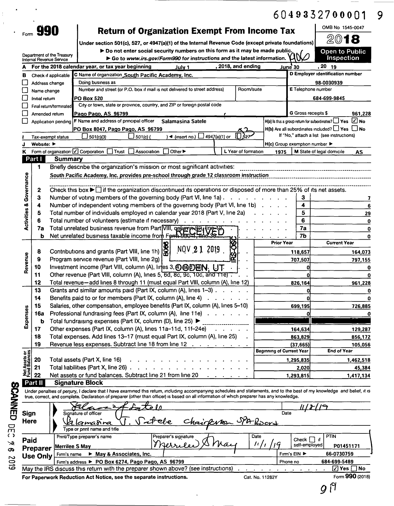 Image of first page of 2018 Form 990 for South Pacific Academy