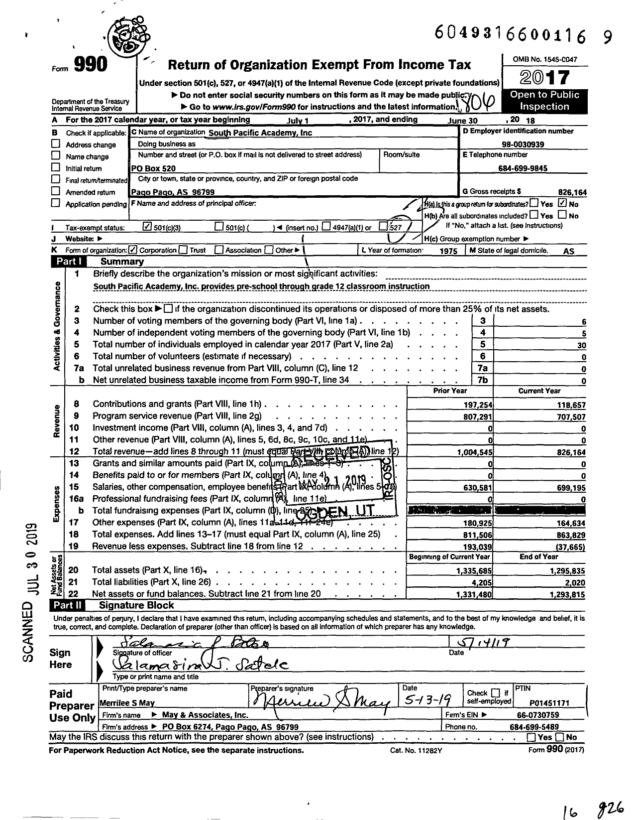 Image of first page of 2017 Form 990 for South Pacific Academy