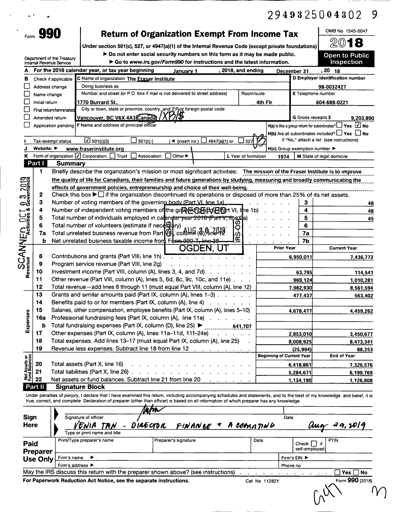 Image of first page of 2018 Form 990 for The Fraser Institute
