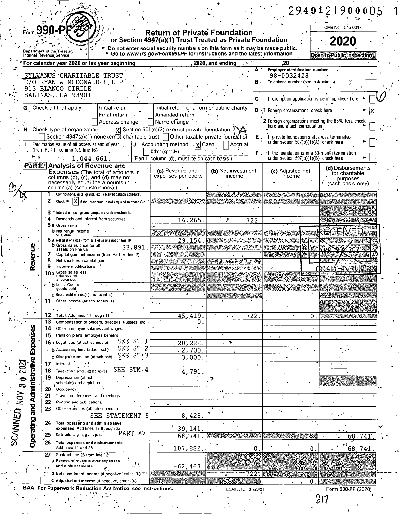 Image of first page of 2020 Form 990PF for Sylvanus Charitable Trust