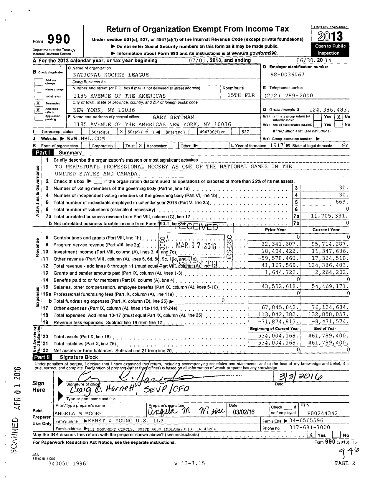 Image of first page of 2013 Form 990O for National Hockey League