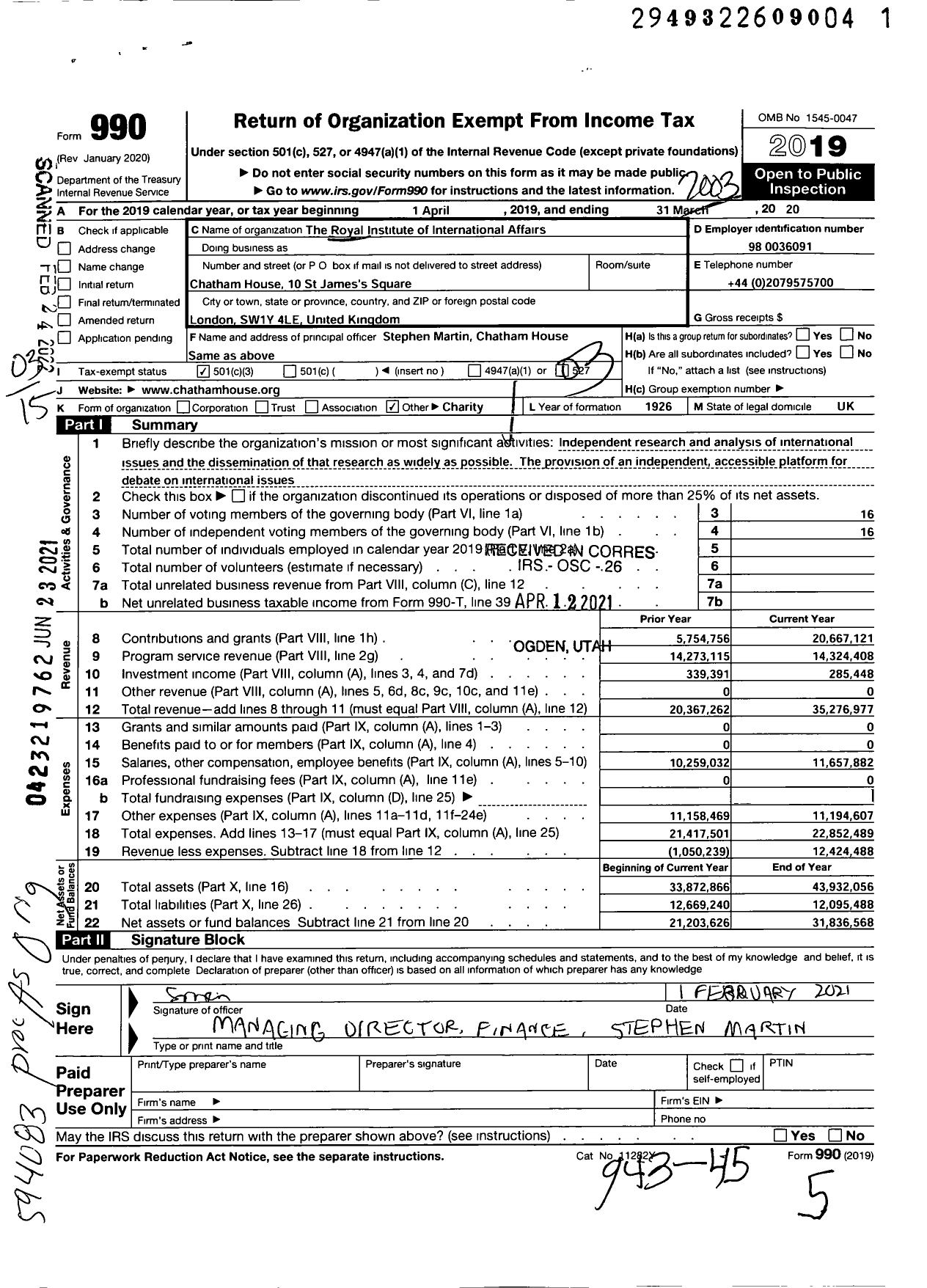 Image of first page of 2019 Form 990 for Chatham House