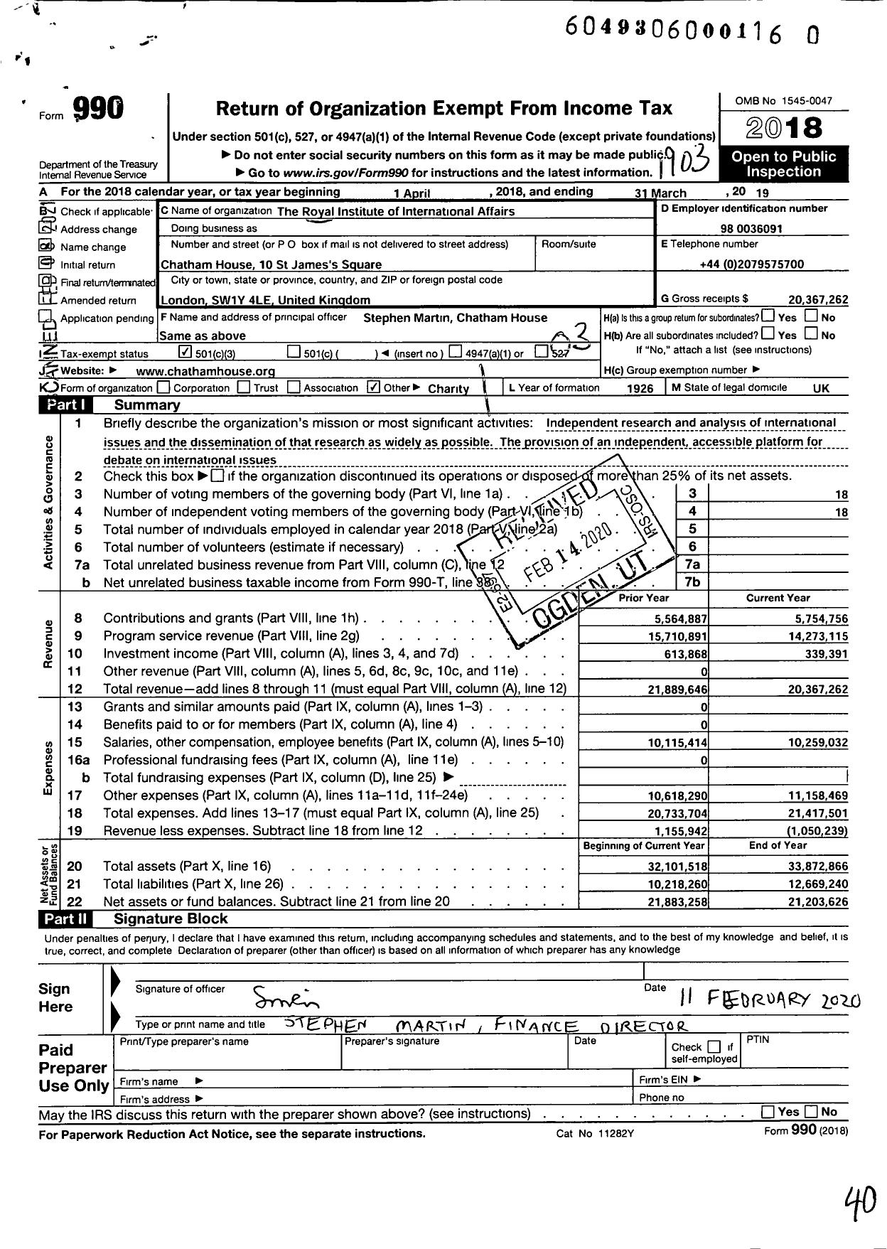 Image of first page of 2018 Form 990 for Chatham House