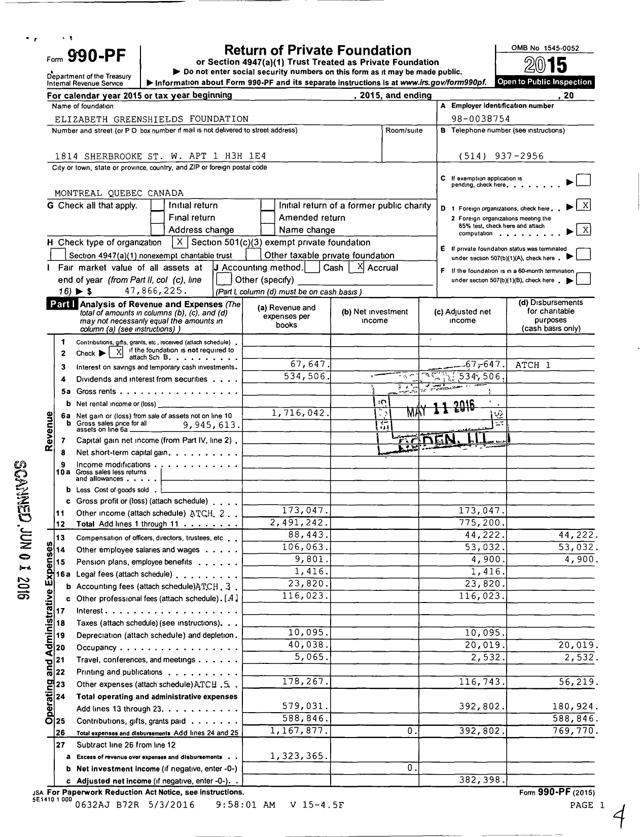 Image of first page of 2015 Form 990PF for Elizabeth Greenshields Foundation