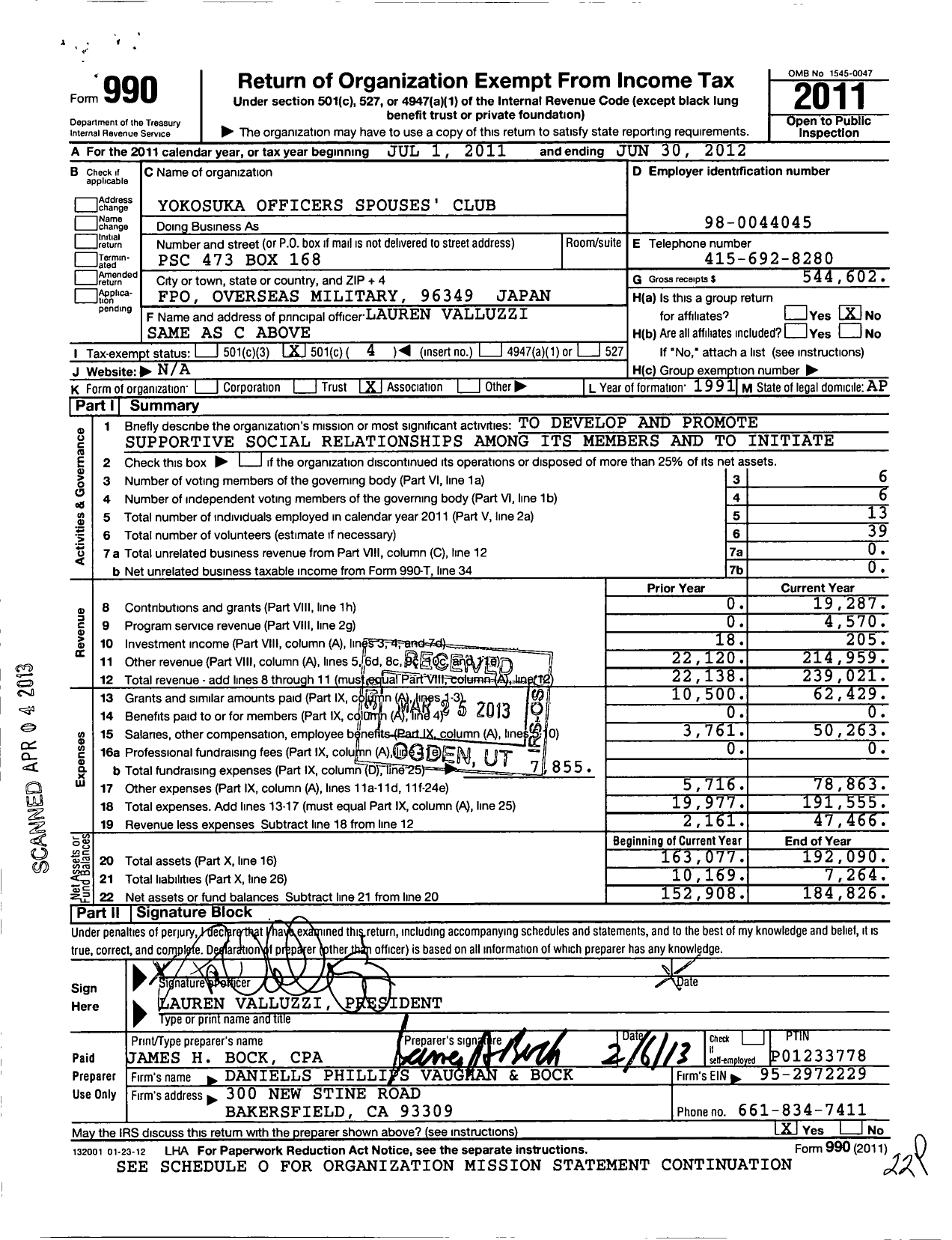 Image of first page of 2011 Form 990O for Yokosuka Officers Spouses Club