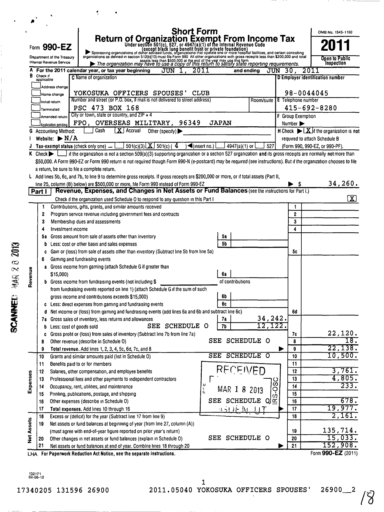 Image of first page of 2010 Form 990EO for Yokosuka Officers Spouses Club