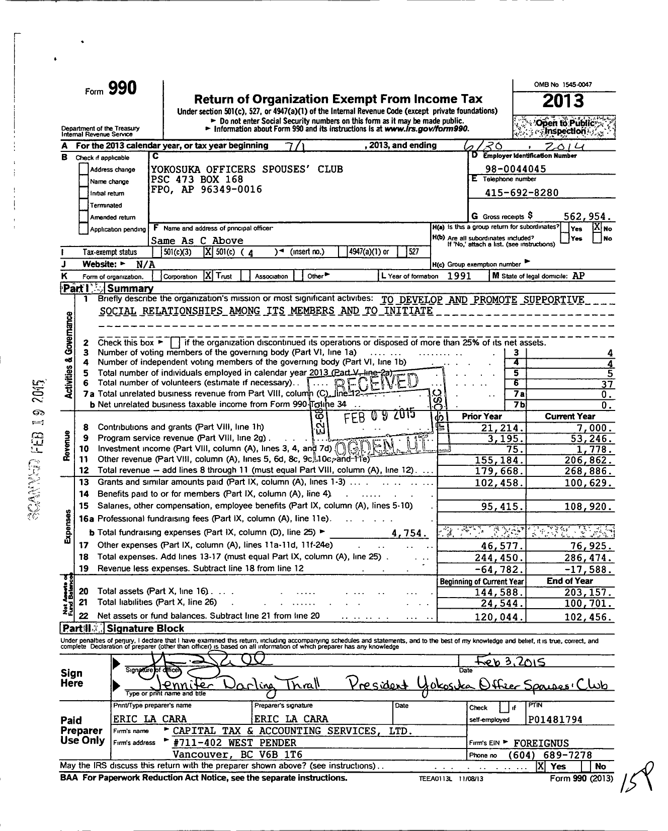 Image of first page of 2013 Form 990O for Yokosuka Officers Spouses Club