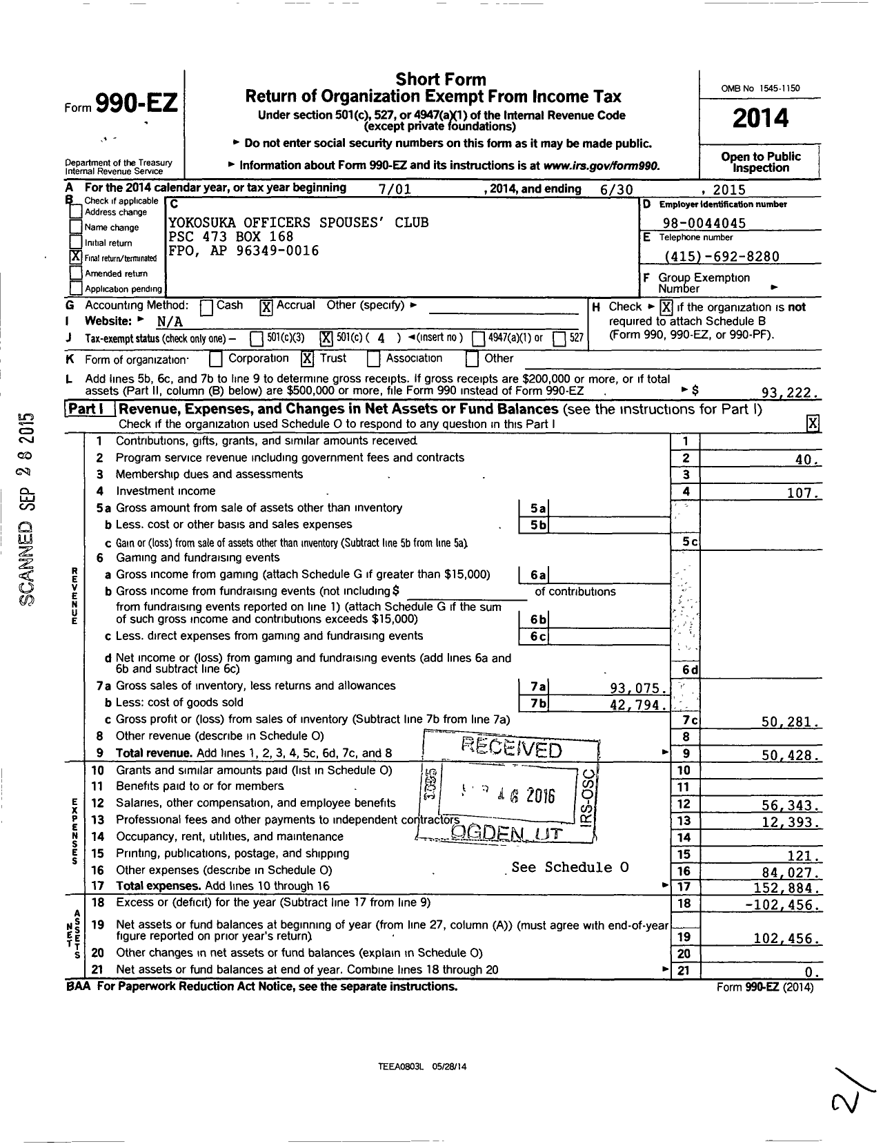 Image of first page of 2014 Form 990EO for Yokosuka Officers Spouses Club